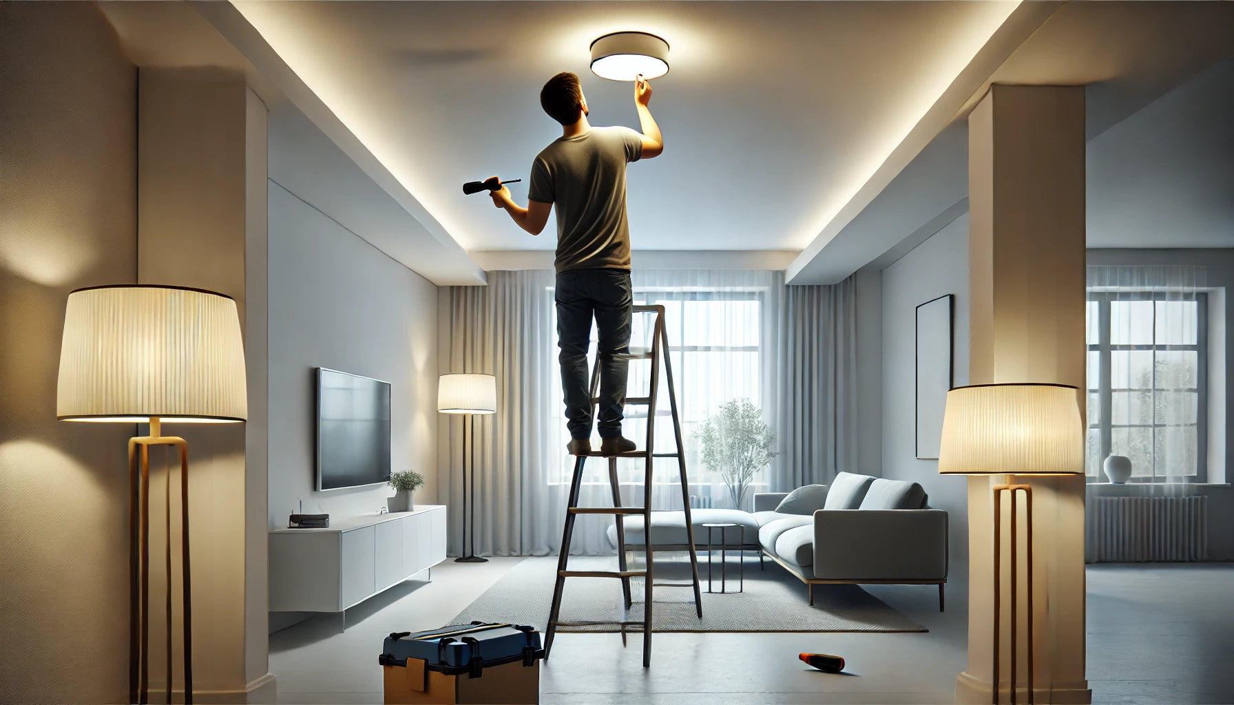 DALL·E 2025-02-10 23.40.08 - A photorealistic image of a person installing a ceiling lamp. The person is standing on a ladder, using a screwdriver to secure the lamp fixture. The