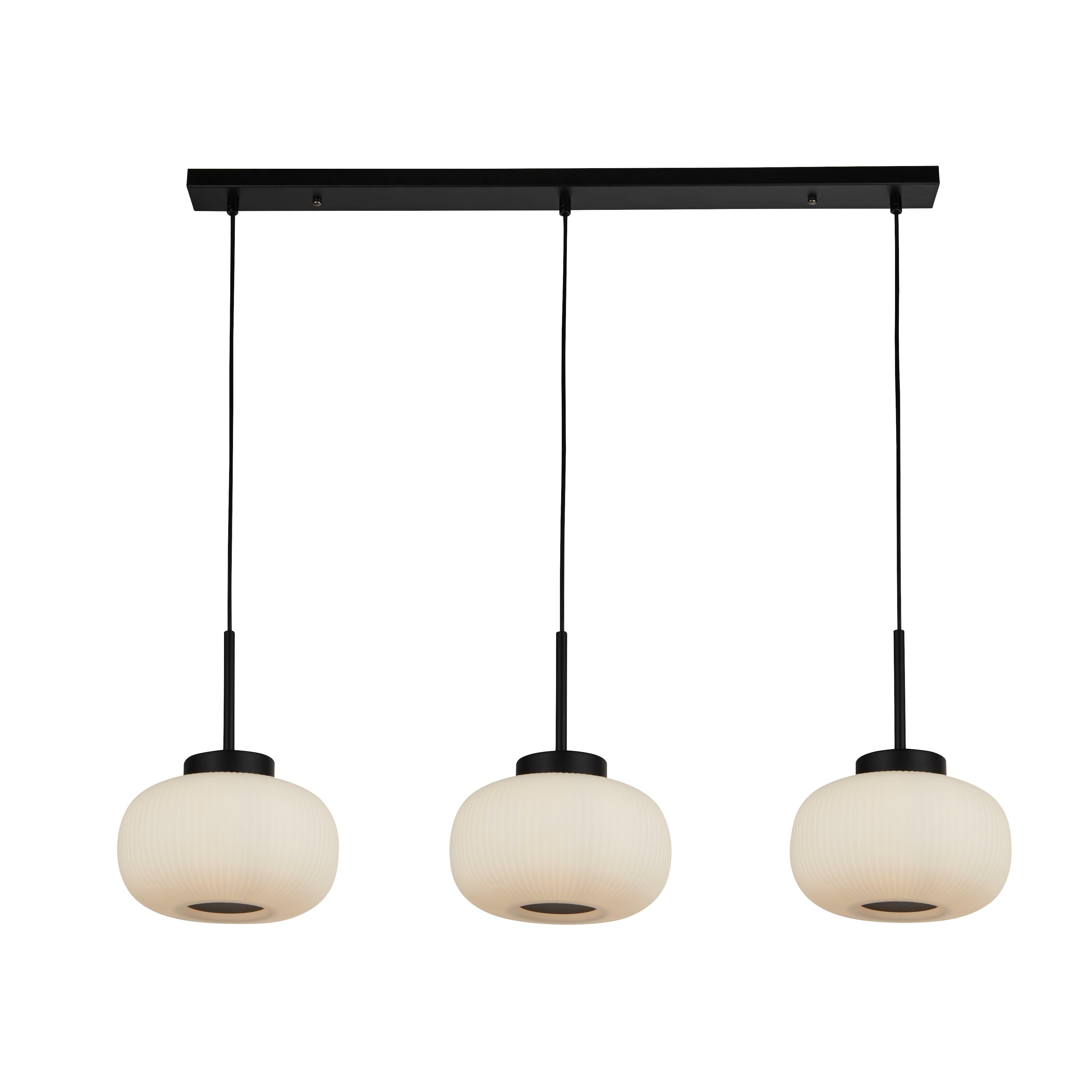 Lumina 3Lt Bar Pendant - Black Metal & Opal Ribbed Glass