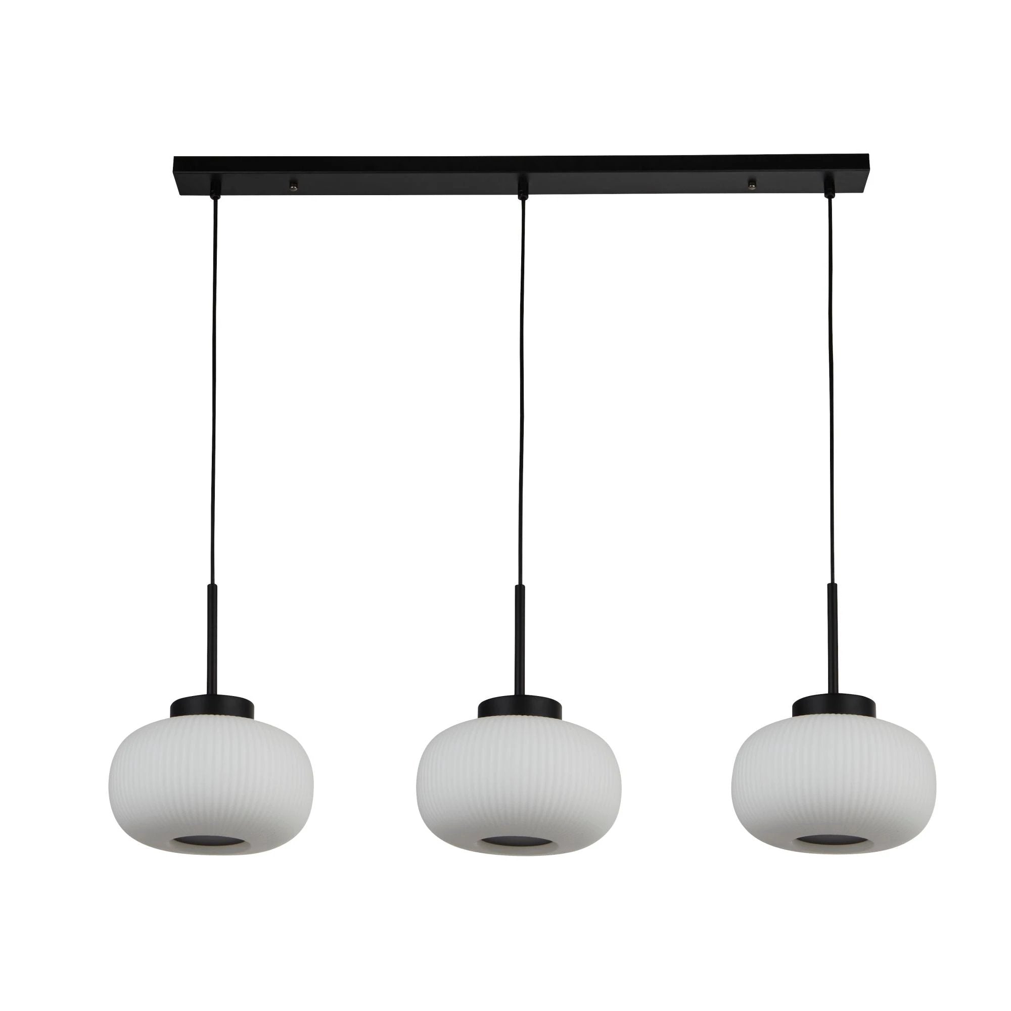 Hanglamp Lumina 3Lt - Black Metal & Opal Ribbed Glass by Searchlight