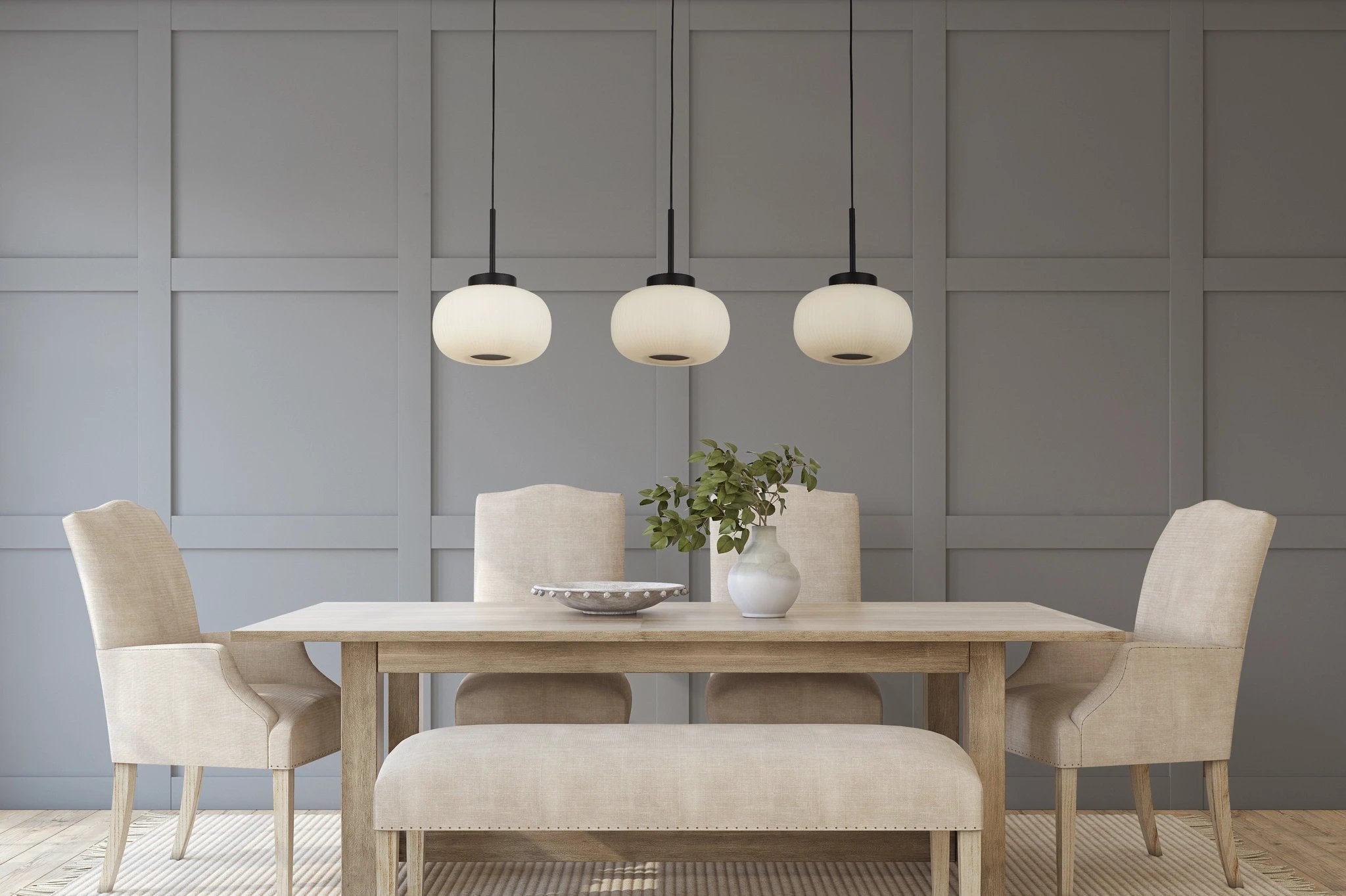 Hanglamp Lumina 3Lt - Black Metal & Opal Ribbed Glass by Searchlight