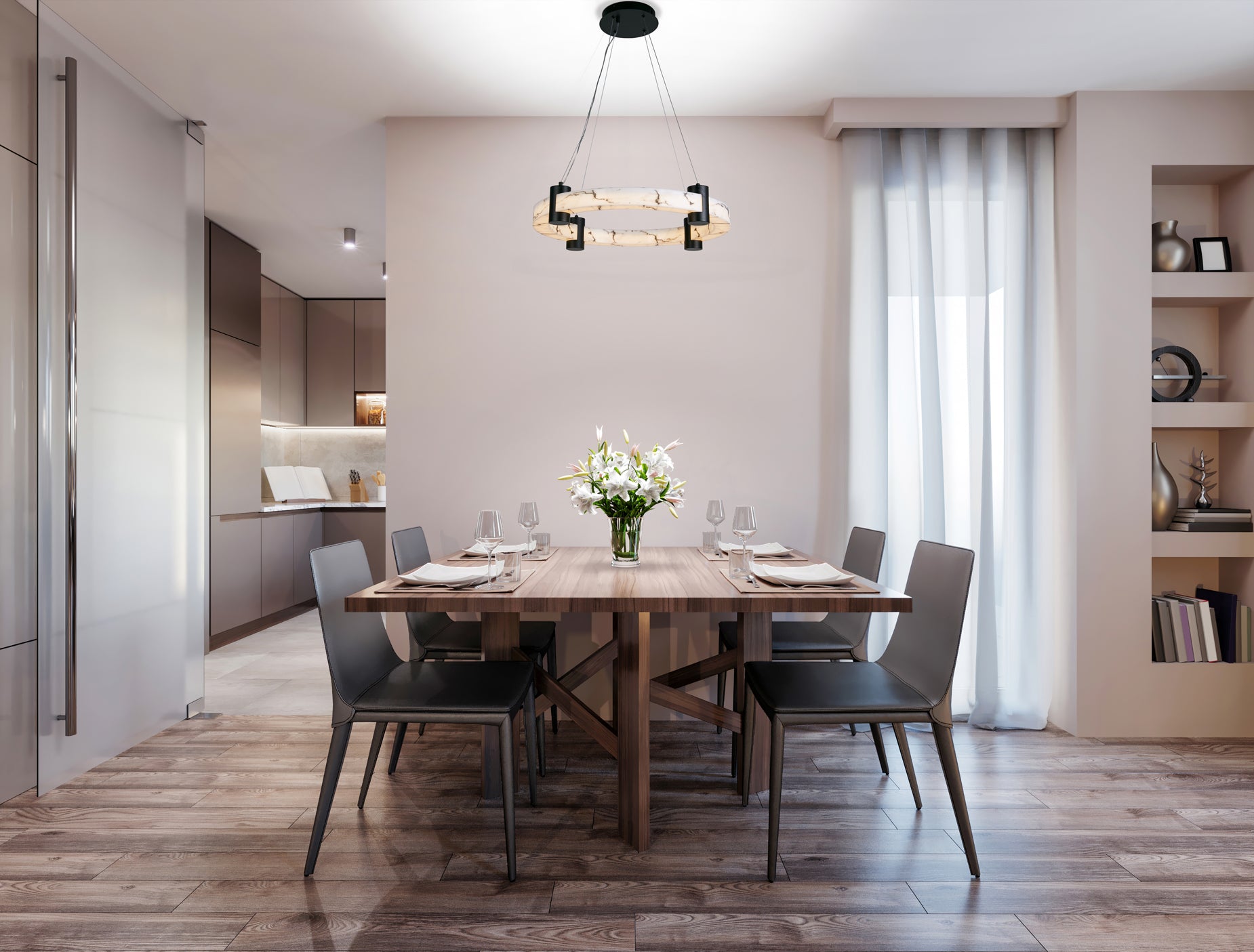 Moonbeam LED Pendant, Black Metal & Marbleised Resin