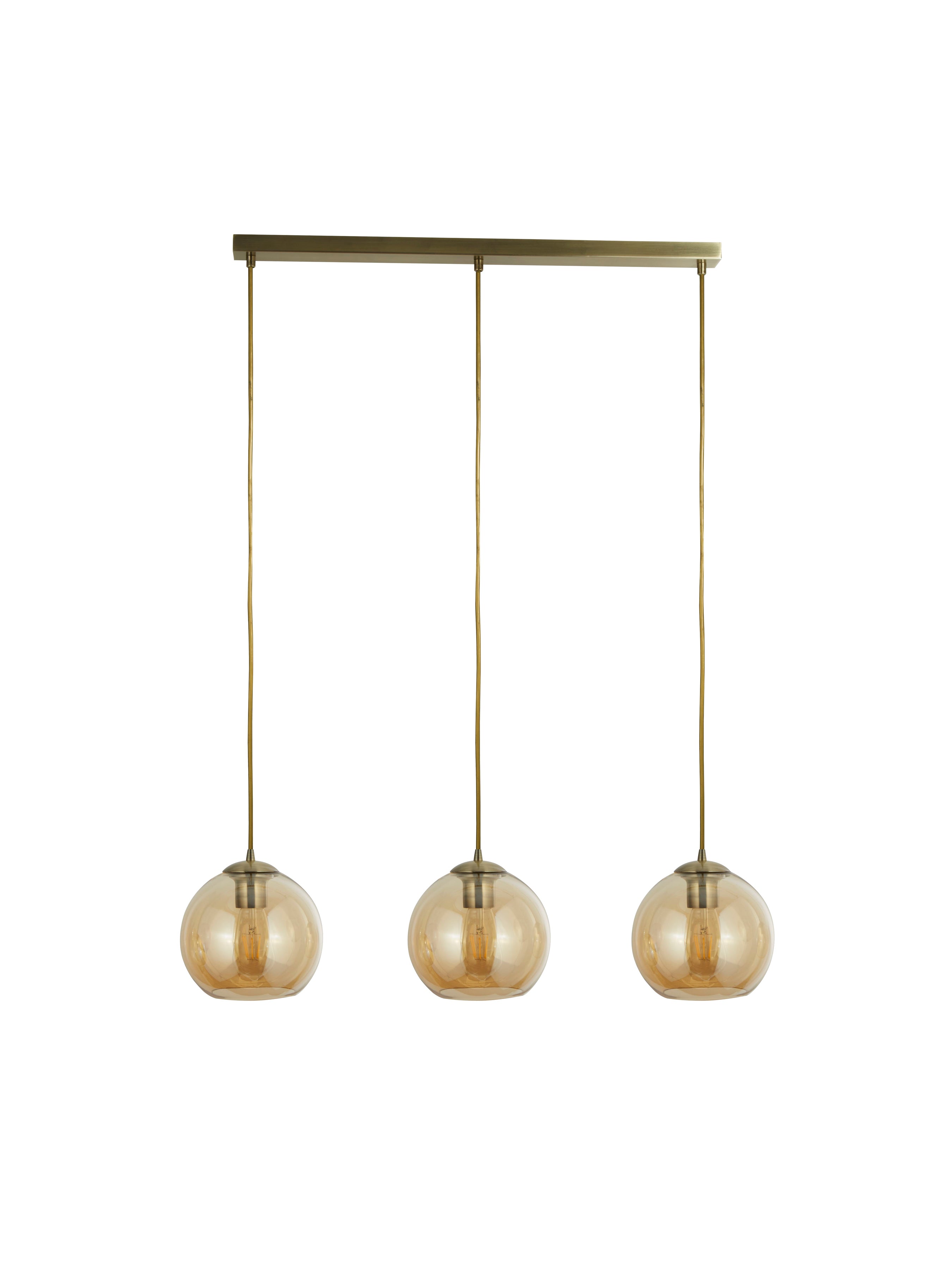 Balls 3Lt Bar Pendant - Antique Brass Metal & Amber Glass