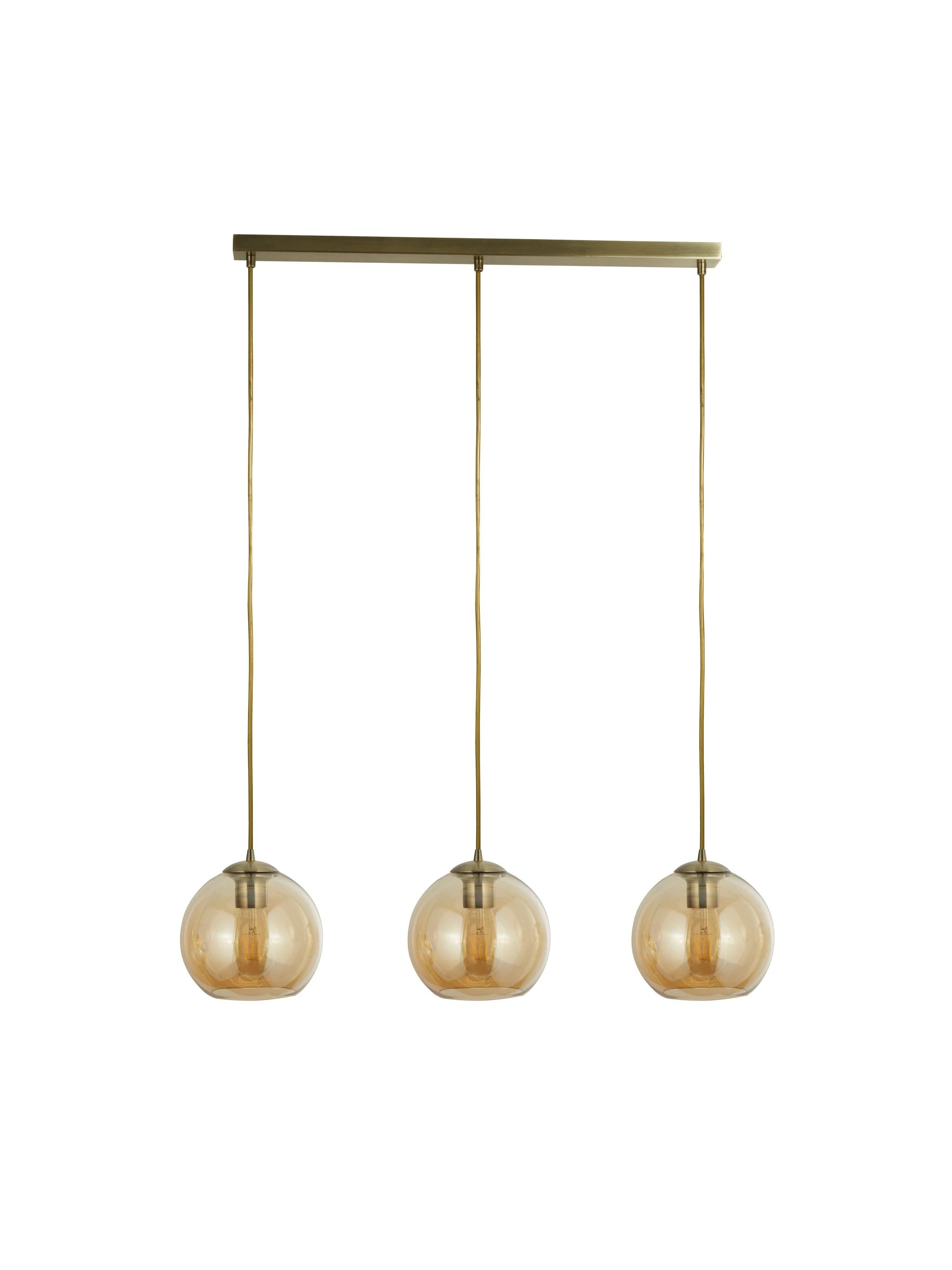 Hanglamp Balls 3Lt Bar - Antique Brass Metal & Amber Glass by Searchlight