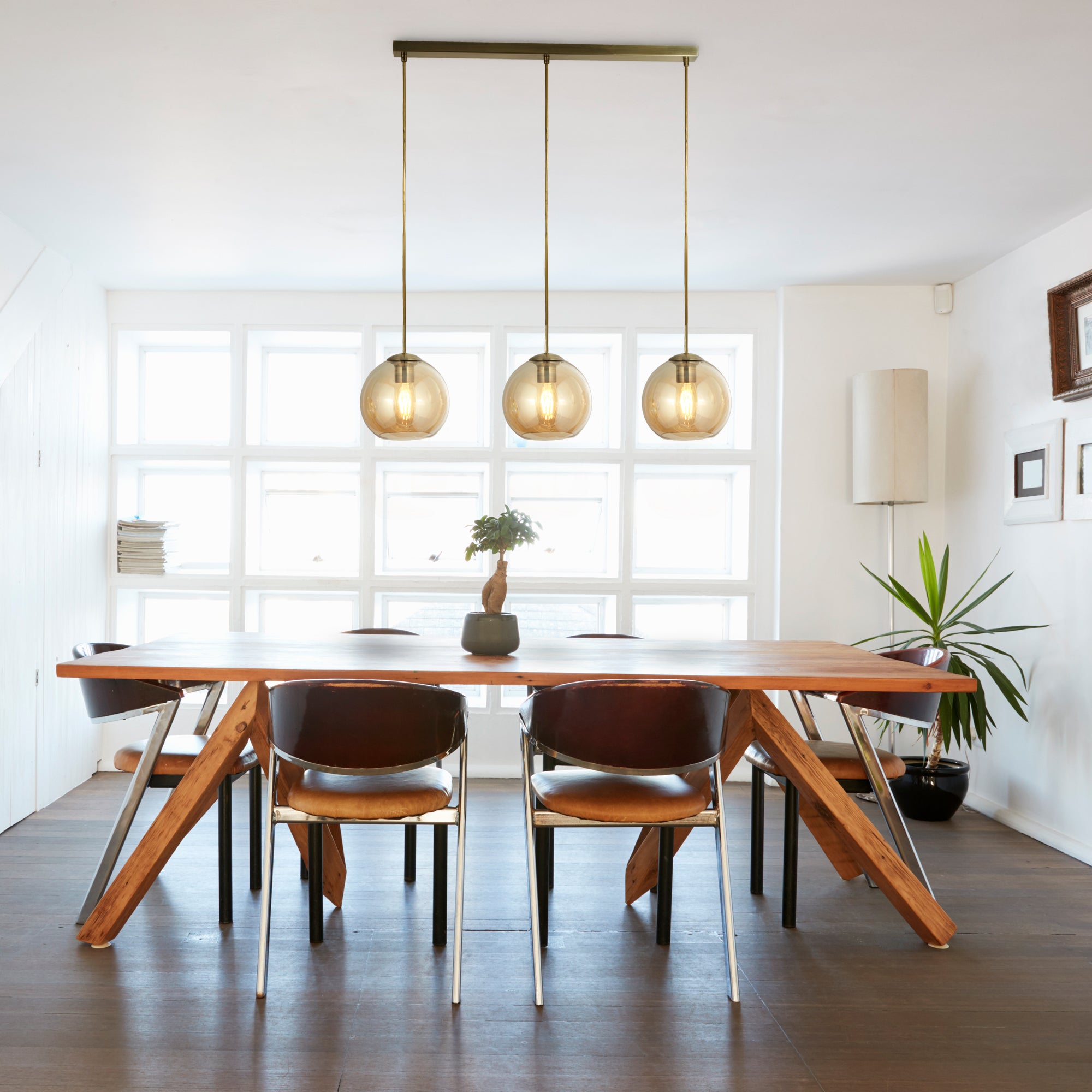 Balls 3Lt Bar Pendant - Antique Brass Metal & Amber Glass