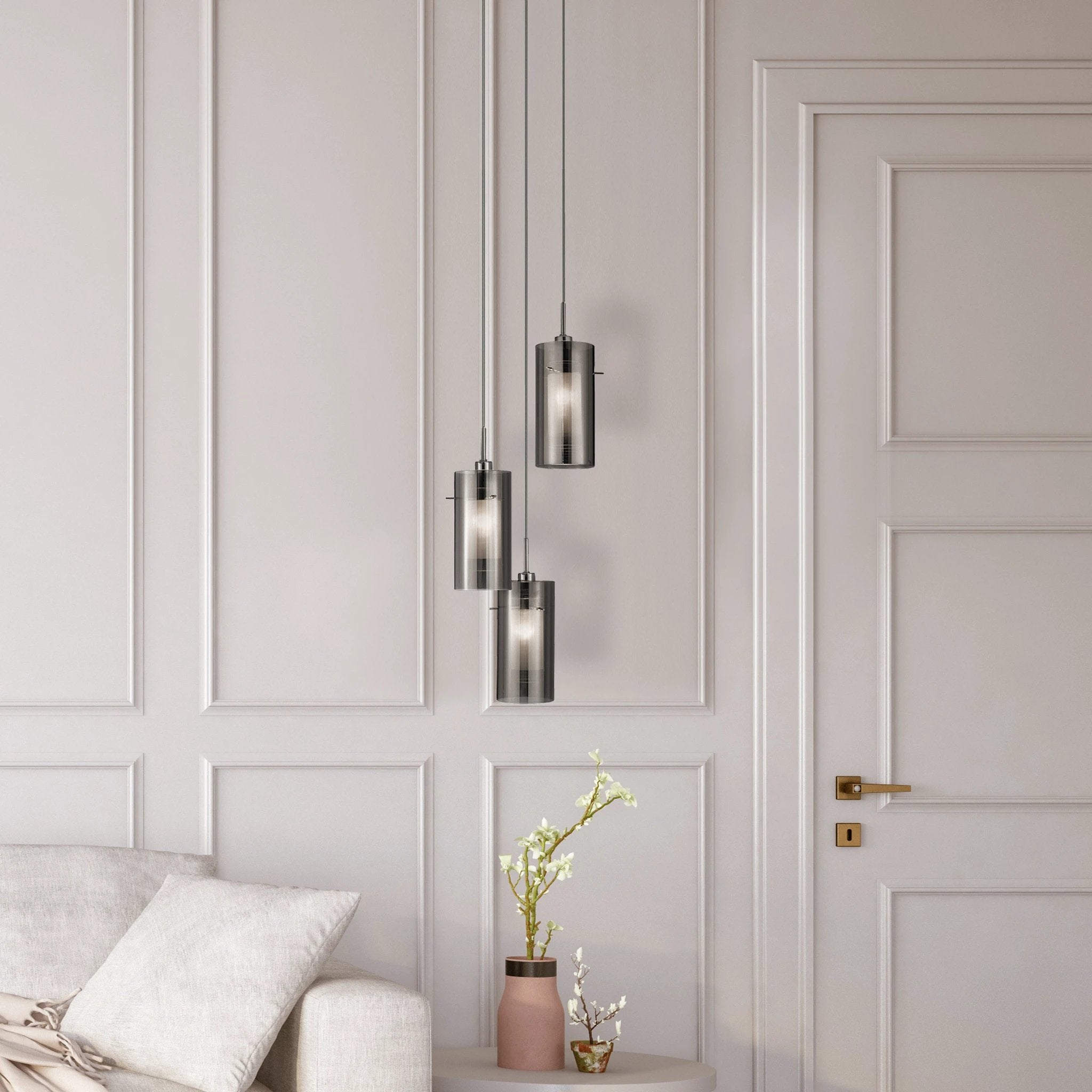 Hanglamp Duo II 3Lt getrapt - Satin Silver & Smoked Glass by Searchlight