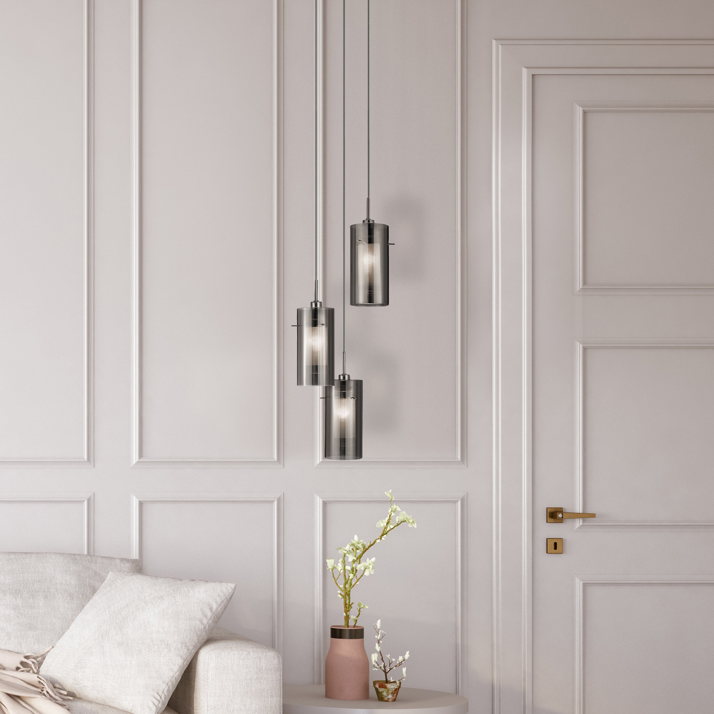 Duo II 3Lt Multi-Drop Pendant - Satin Silver & Smoked Glass