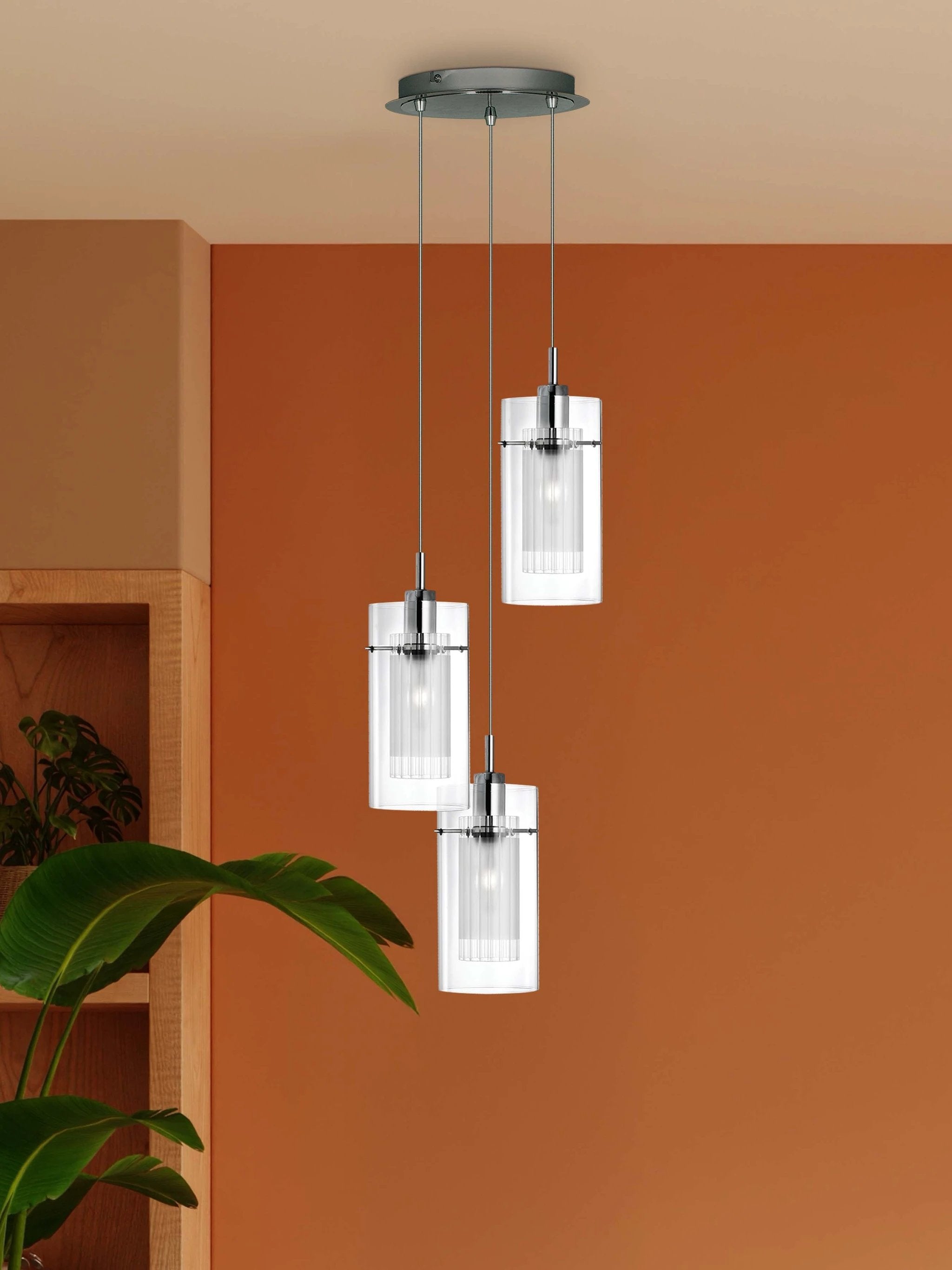 Hanglamp Duo I 3Lt getrapt - Chrome Metal & Double Glass by Searchlight