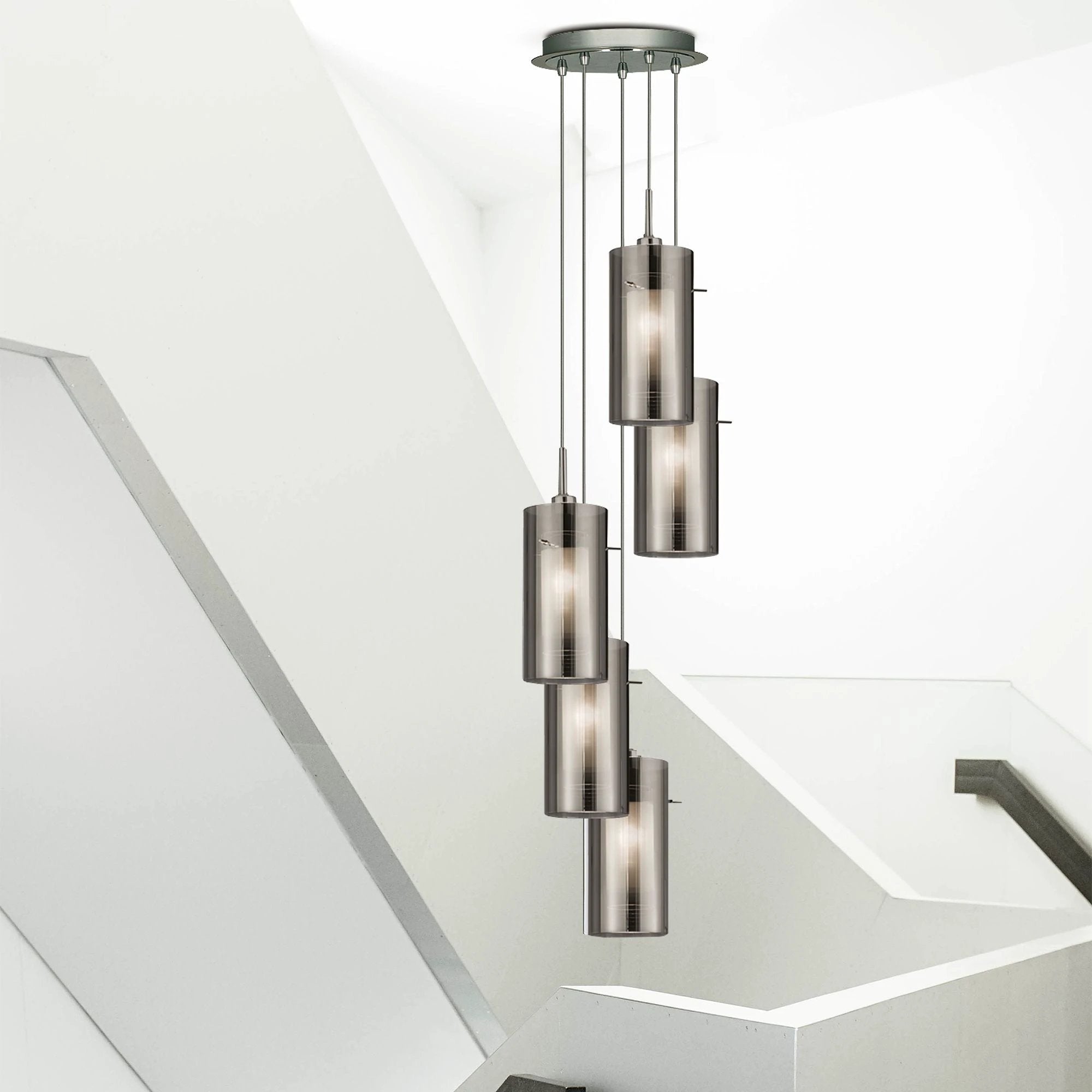Hanglamp Duo I 5Lt - Satin Silver Metal & Smoked Glass by Searchlight