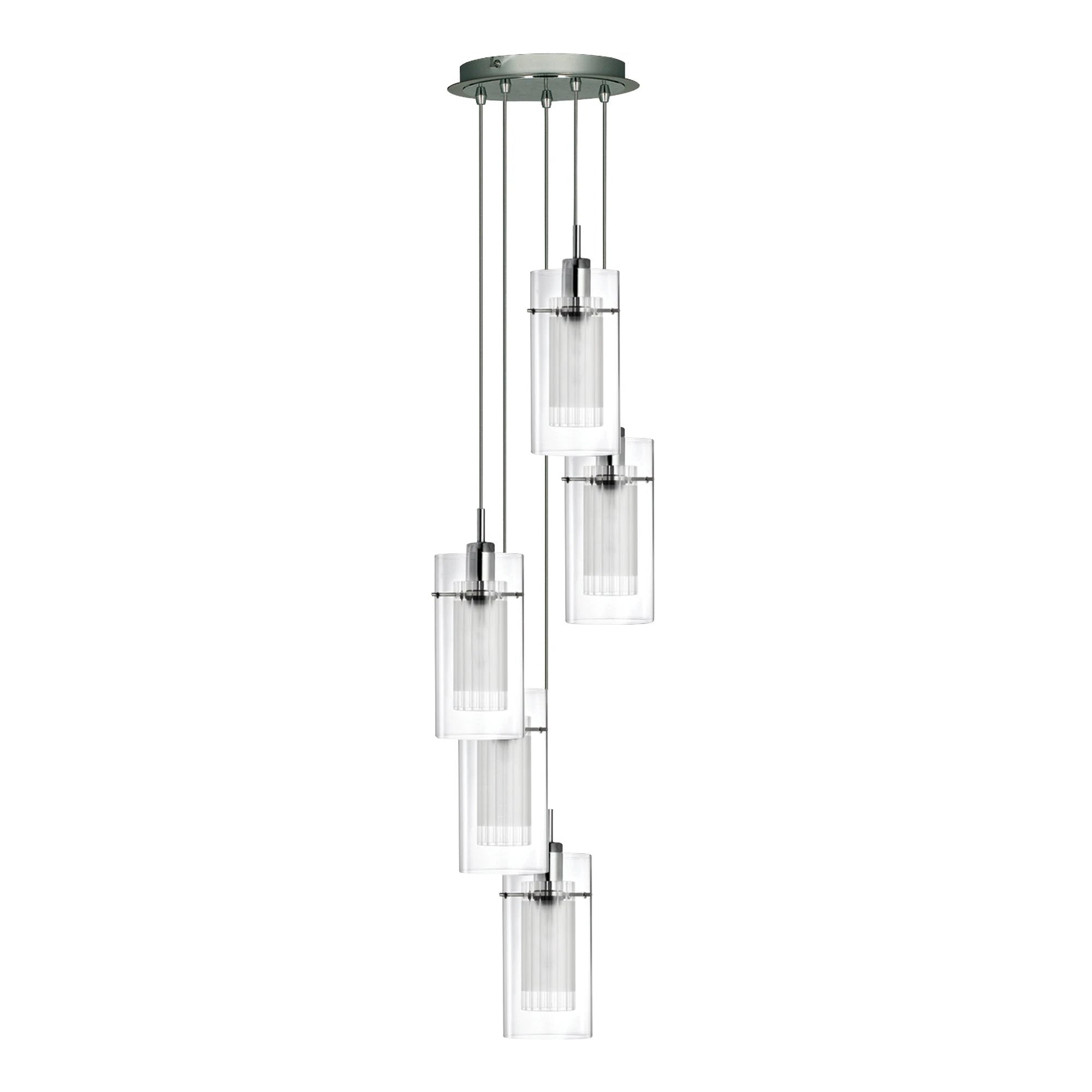 Hanglamp Duo I 5Lt getrapt- Satin Silver Metal & Glass by Searchlight
