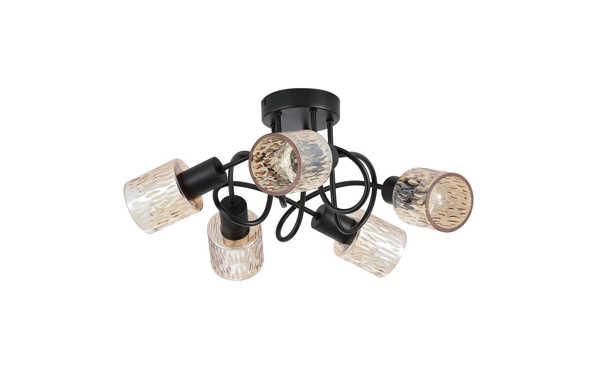 Plafondlamp Knot 5Lt - Black Metal with Amber Glass Shade by Searchlight