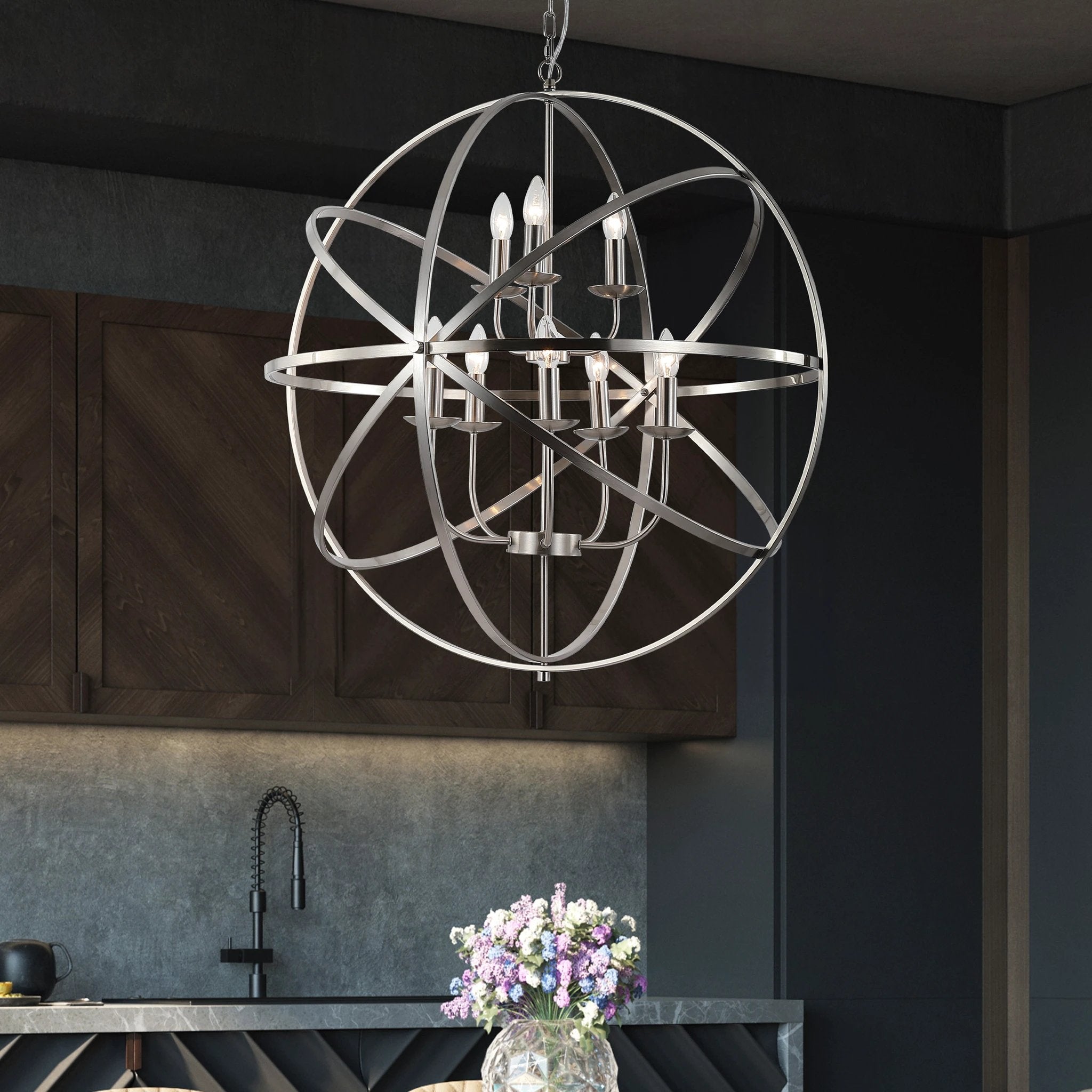 Hanglamp Orbit 8Lt Satin Silver Metal by Searchlight