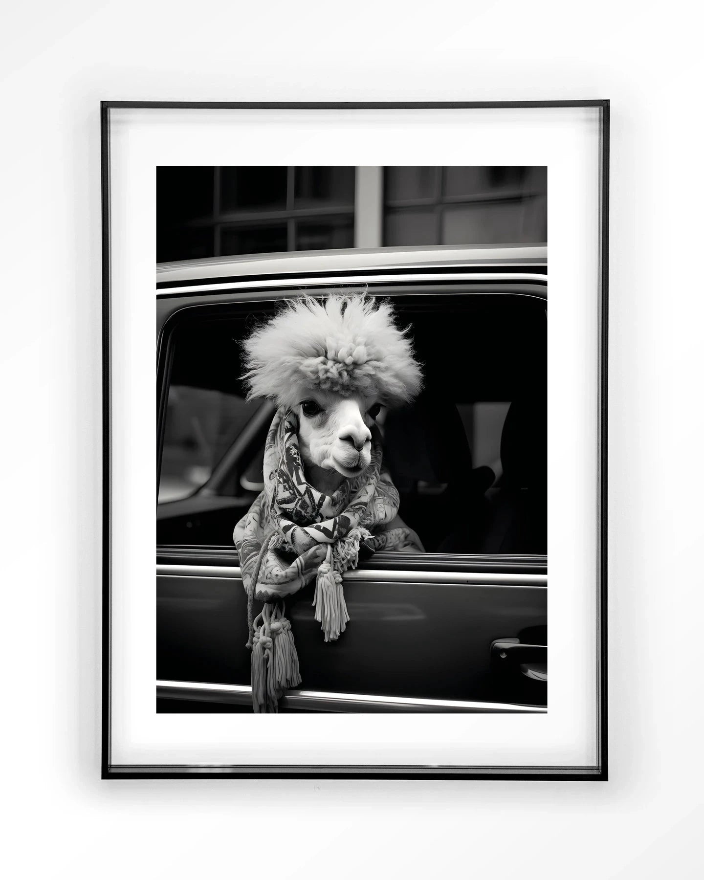 Alpaca In Taxi - Moderne Wanddecoratie | Artprint, Glass Art & Wandkleed by Urban Cotton