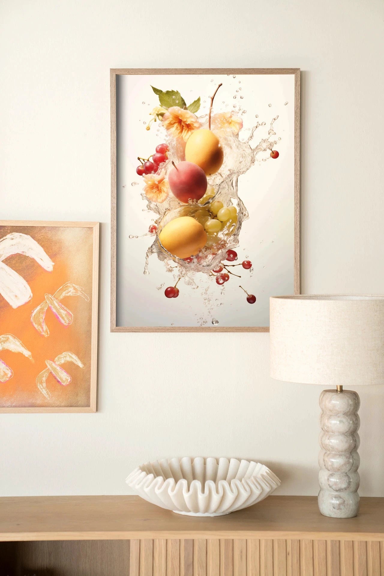 Peachy Fruit Explosion - Moderne Wanddecoratie | Artprint, Glass Art, Wandkleed by Urban Cotton