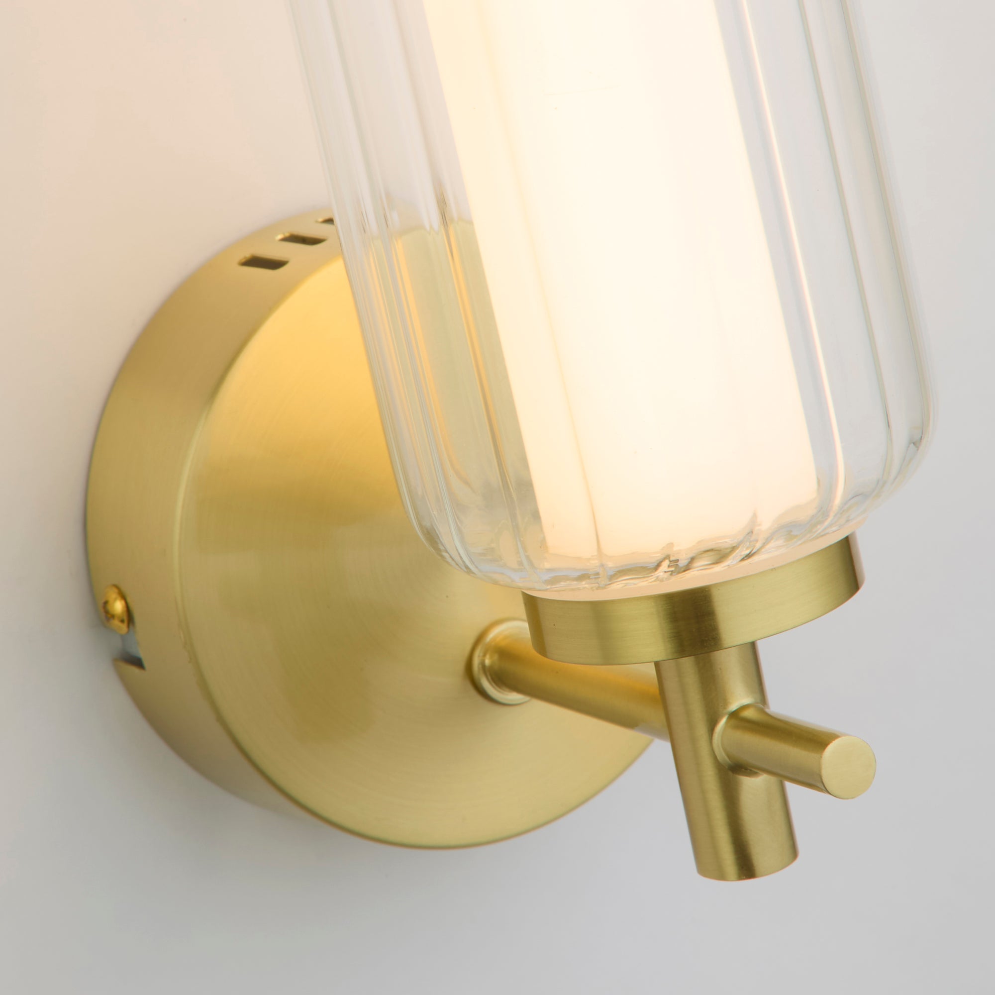 Mod LED Wall Light, Satin Brass Metal, Opal Acrylic & Clear