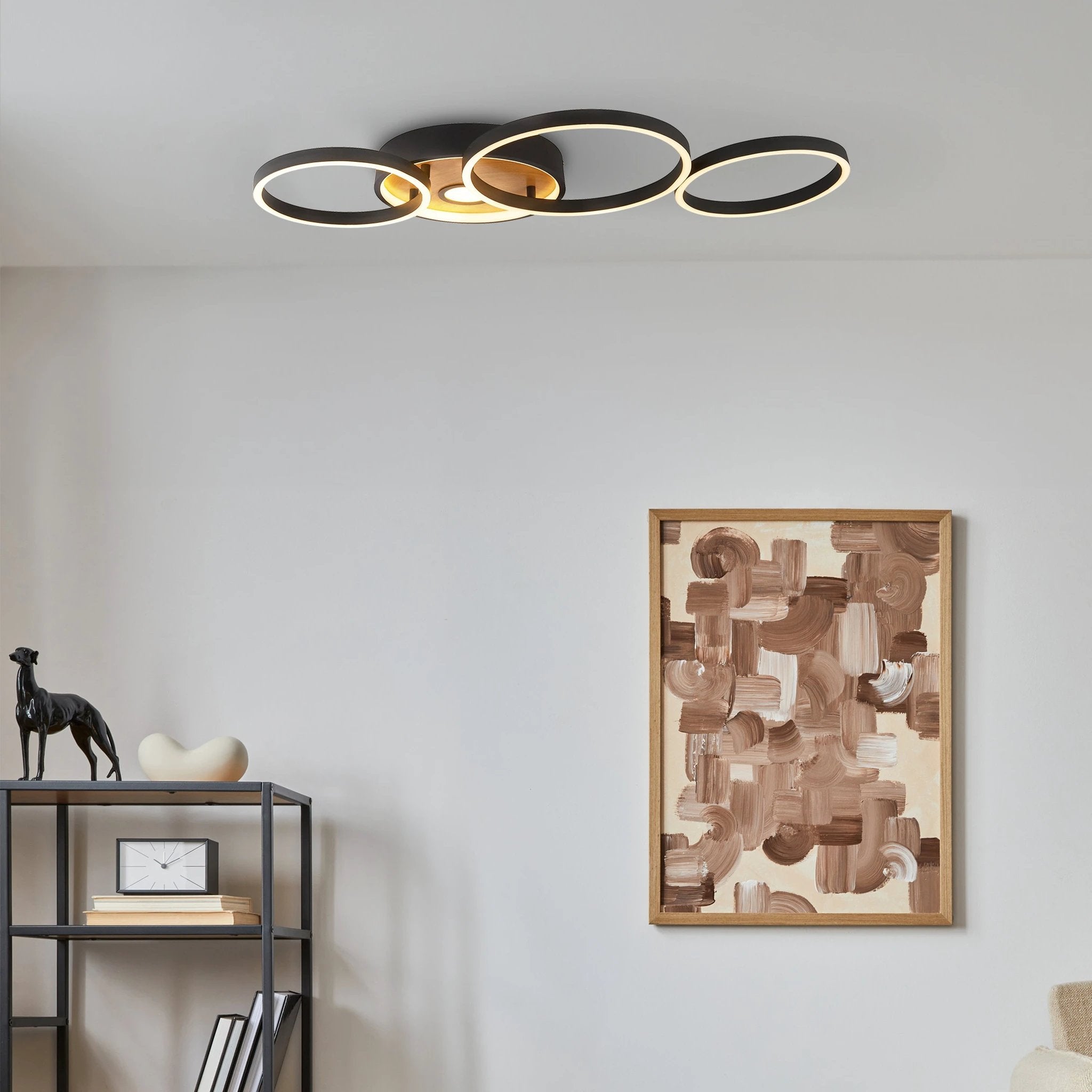 Plafondlamp Curio Flush - Black Metal & Wood by Searchlight