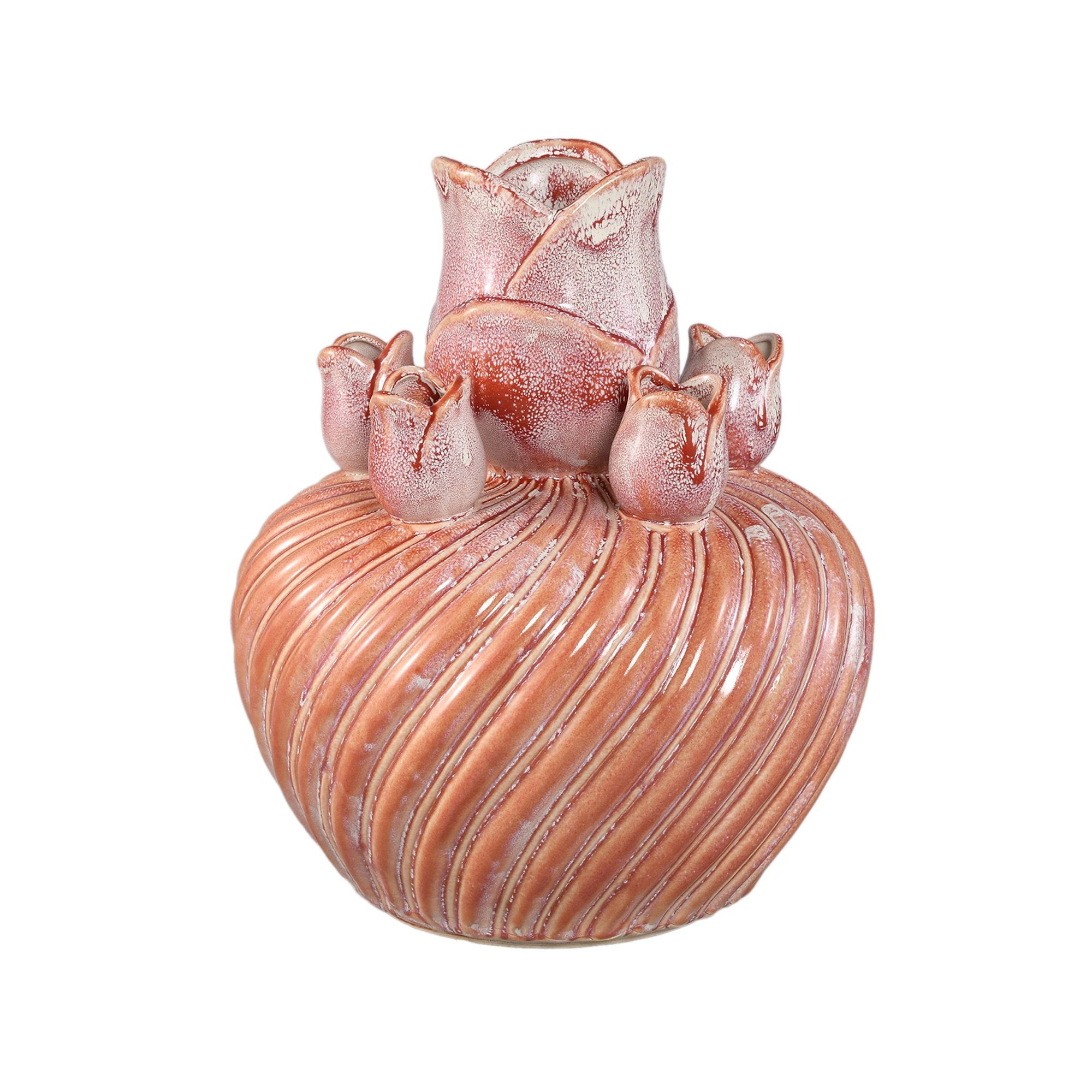 Mailia perzikkleurige keramische ronde tulpvaas met spiraalpatroon L by PTMD