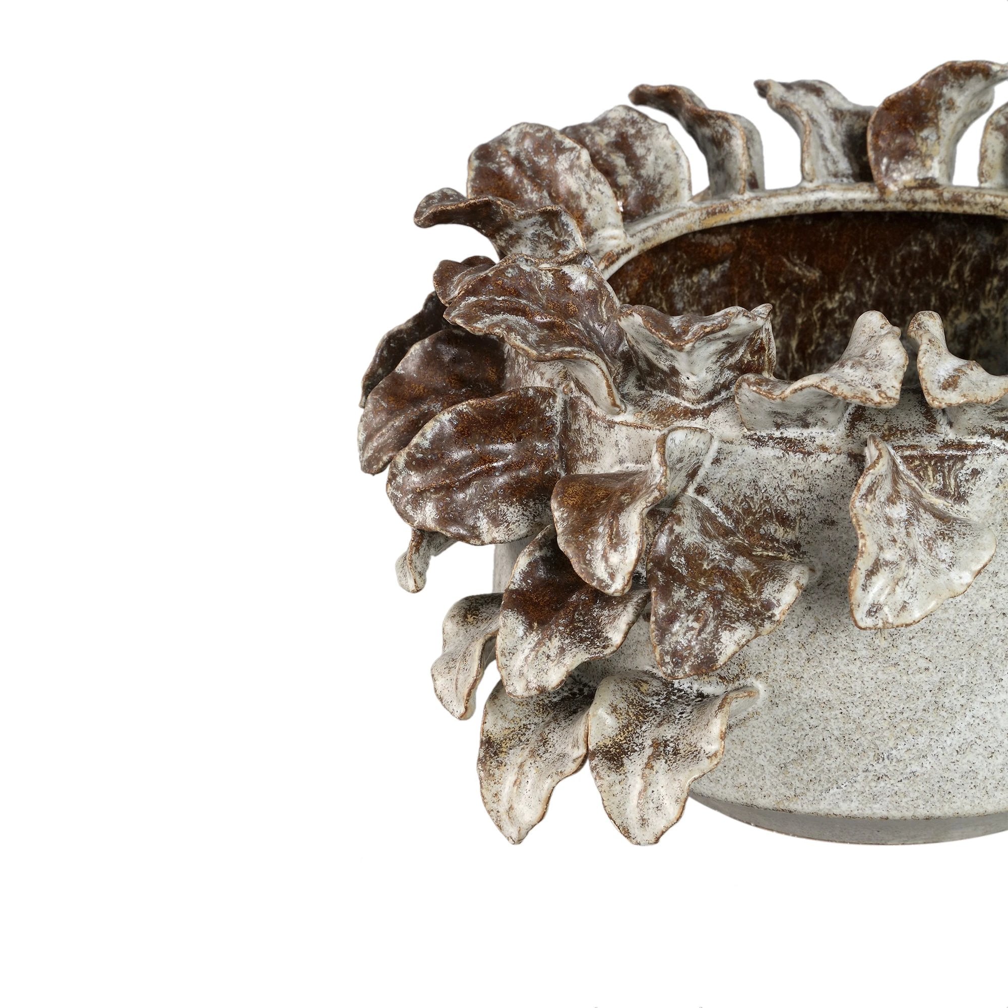 Varda beige keramische ruwe pot met bladdetails S by PTMD