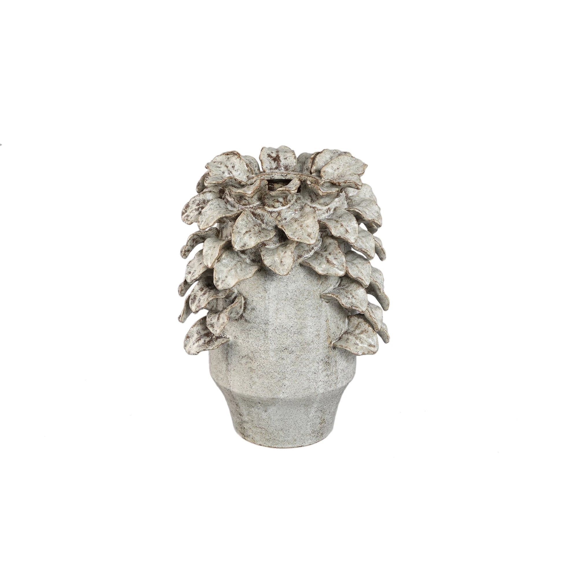 Varda beige keramische ruwe vaas met bladdetails S by PTMD