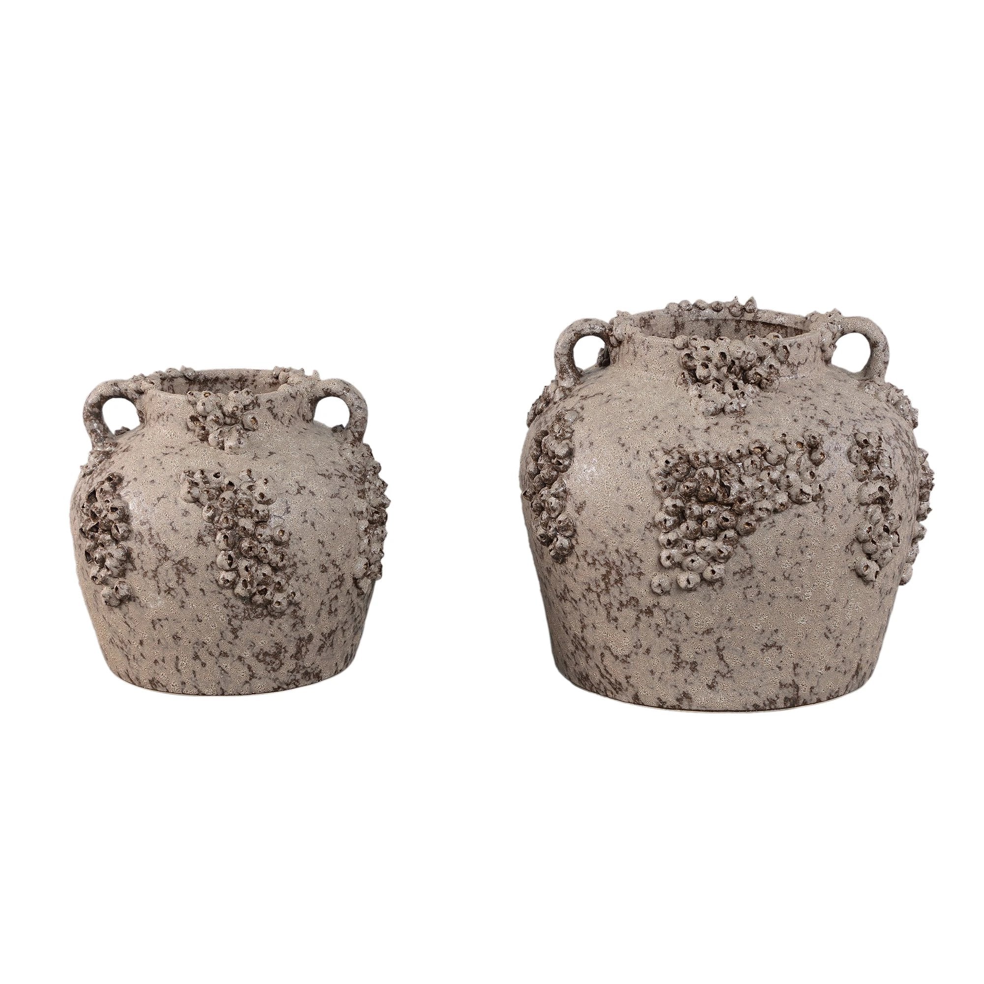 Deisy beige keramische pot met handvatten, ruwe koraalafwerking, L by PTMD