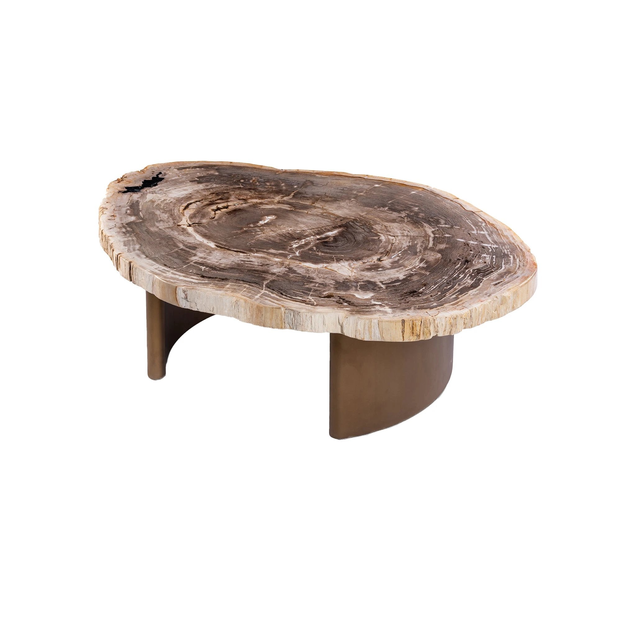 Salontafel Yoel van natuurlijk versteend hout met messing onderstel by PTMD