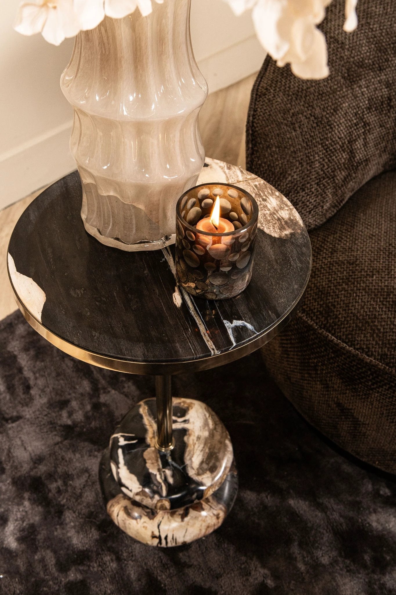 Wane Natural Petrified Wood Double Base Side Table by PTMD