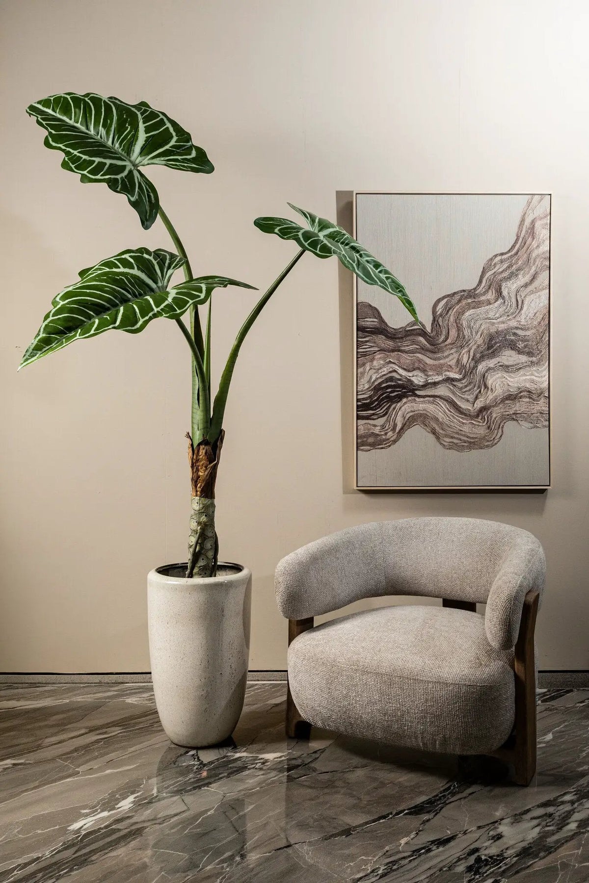 Groene Alocasia-plant in zwarte pot van PTMD, met grote bladeren en decoratieve uitstraling op witte achtergrond