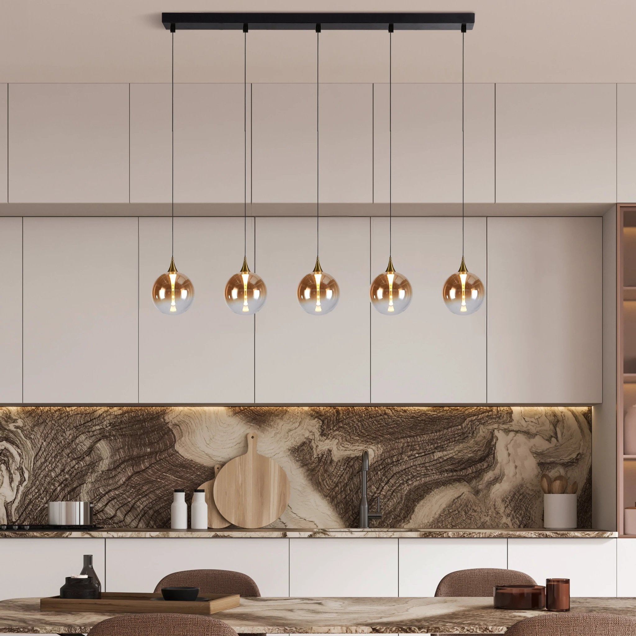 Hanglamp Alchemy LED 5L, Black metal and Amber Glass by Searchlight