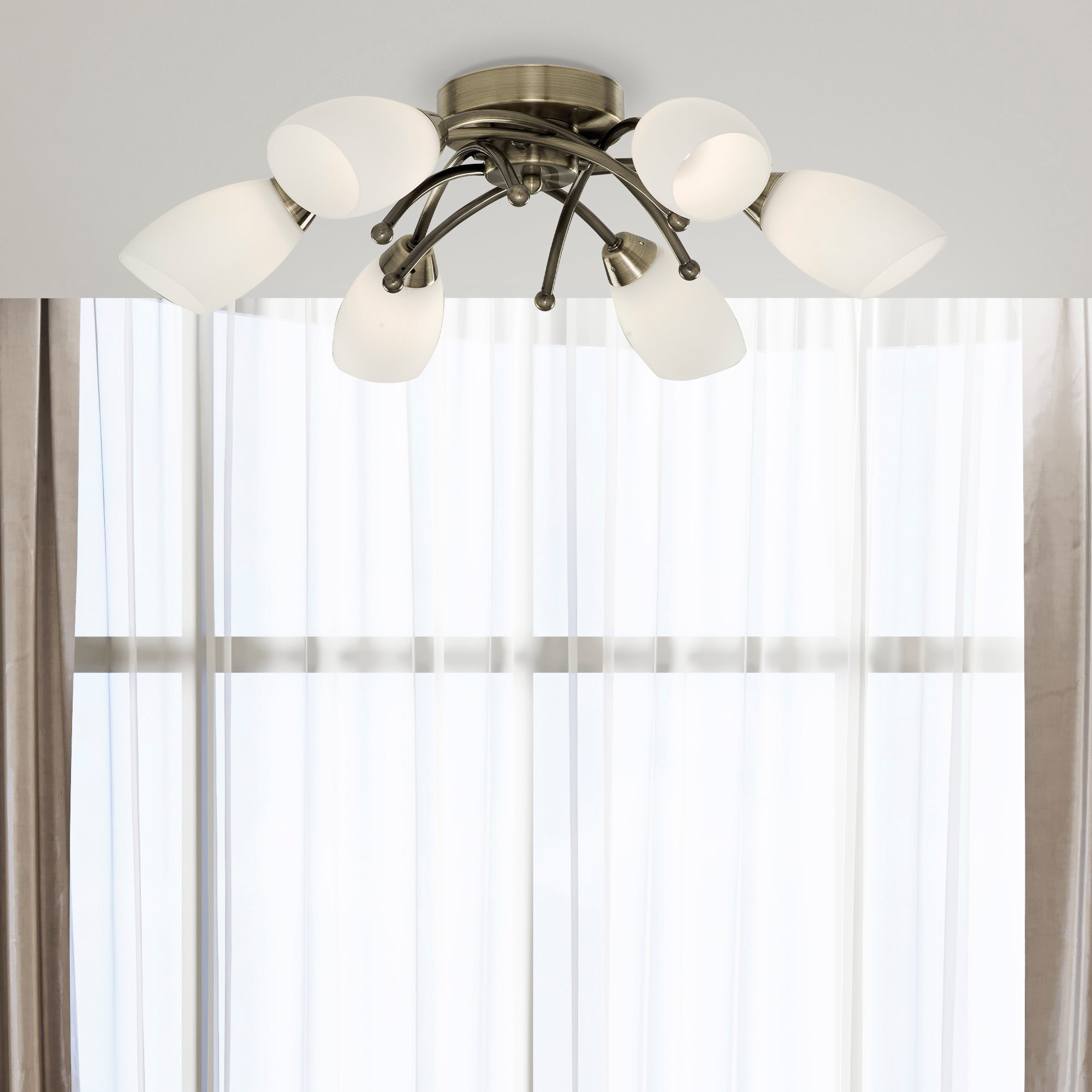 Opera 6Lt Flush -Antique Brass & Opal Glass