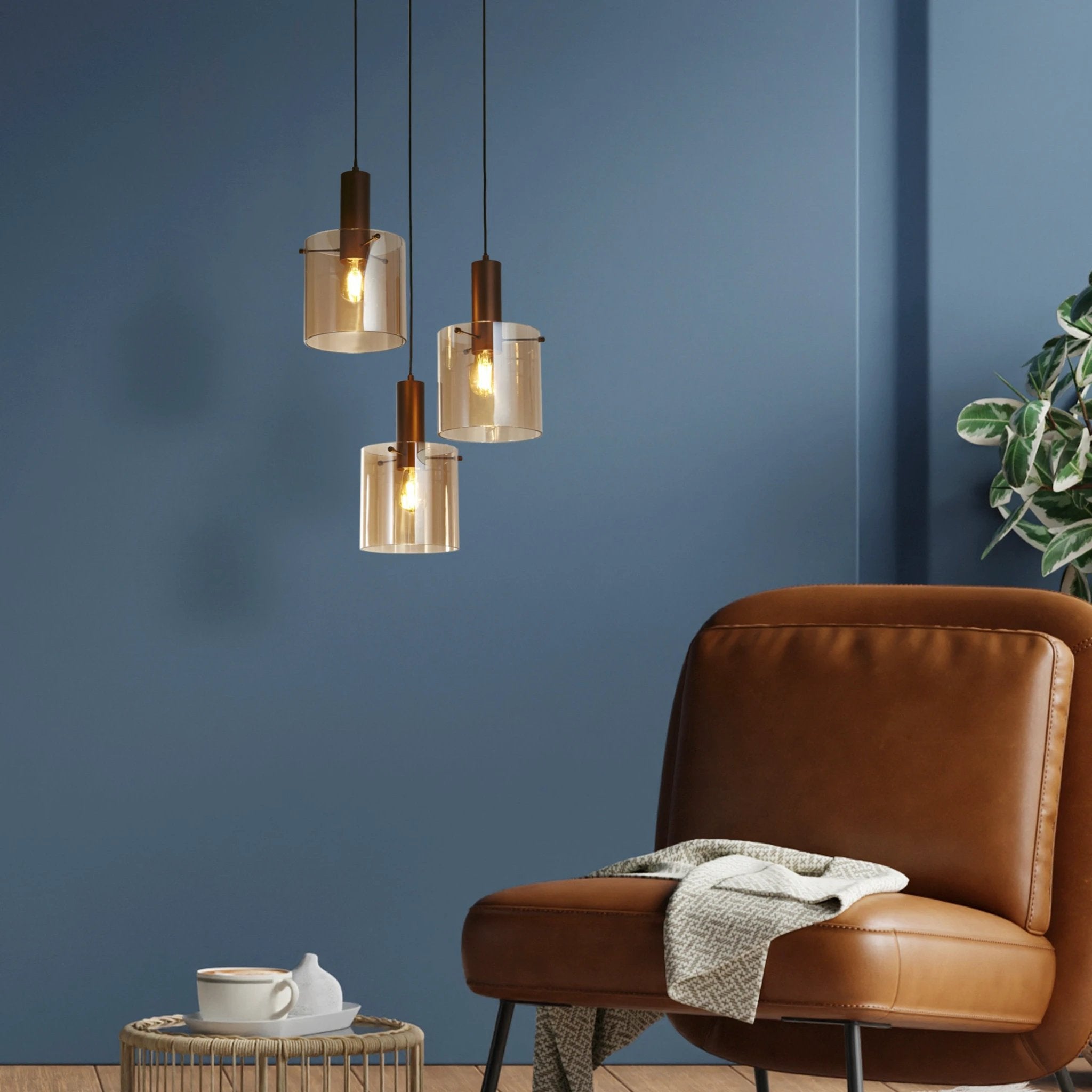 Hanglamp Sweden 3Lt getrapt - Mocha Metal & Amber Glass by Searchlight