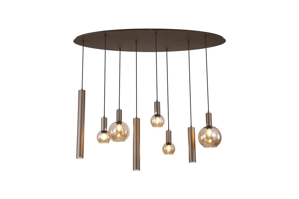 Hanglamp Lyon 8Lt Latte Metal and Amber Glass by Searchlight