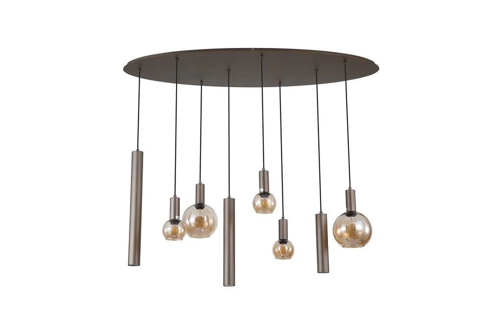 Hanglamp Lyon 8Lt Latte Metal and Amber Glass by Searchlight