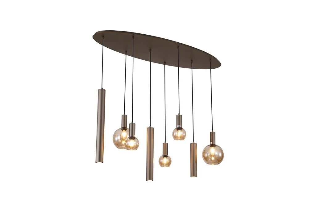 Hanglamp Lyon 8Lt Latte Metal and Amber Glass by Searchlight