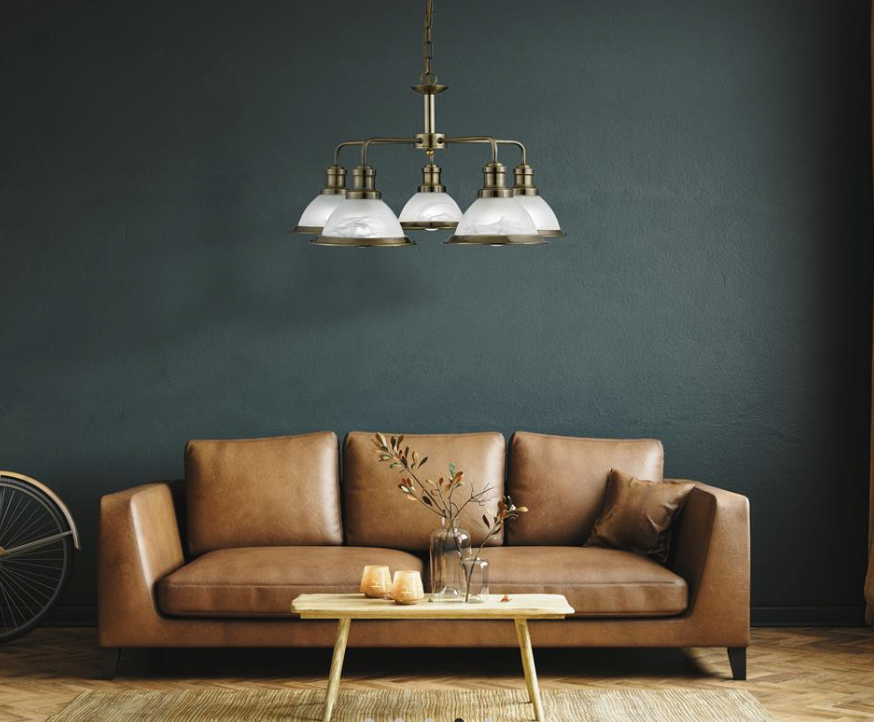 Hanglamp Bistro 5Lt - Antique Brass Metal & Acid Glass