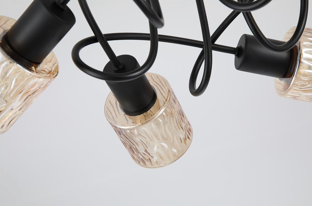 Plafondlamp Knot 5Lt - Black Metal with Amber Glass Shade