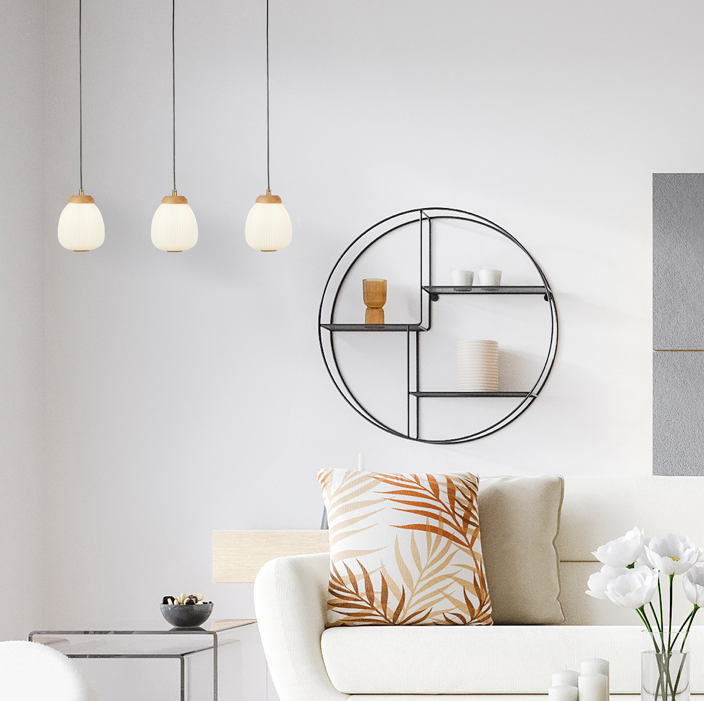 Hanglamp Ella 3Lt - Black Metal & Opal Ribbed Glass