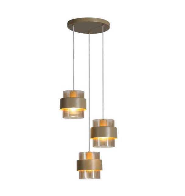 Hanglamp Royal 3Lt Multi Drop, Sand Metal, Amber Ribbed Glass