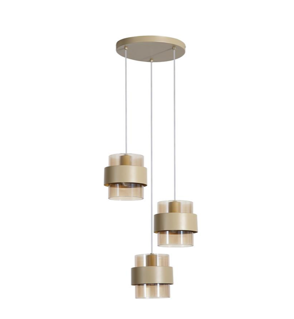 Hanglamp Royal 3Lt Multi Drop, Sand Metal, Amber Ribbed Glass