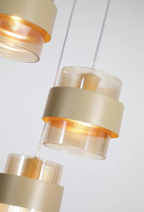 Hanglamp Royal 3Lt Multi Drop, Sand Metal, Amber Ribbed Glass by Searchlight