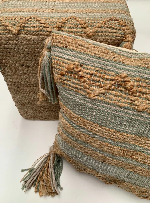 Poef Naturel Jute Wol Sage by Rocaflor