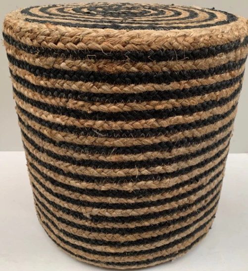 Poef gevlochten naturel-zwart Streep ø40 / hg 40 cm by Rocaflor