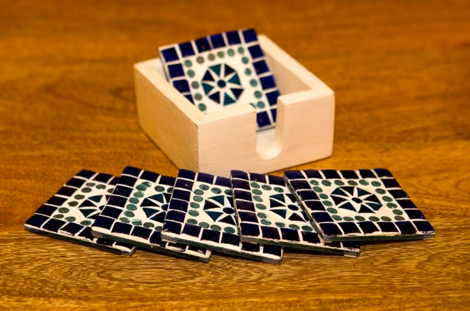 Mozaïek onderzetters Cantara blauw in houten box by Orientaals
