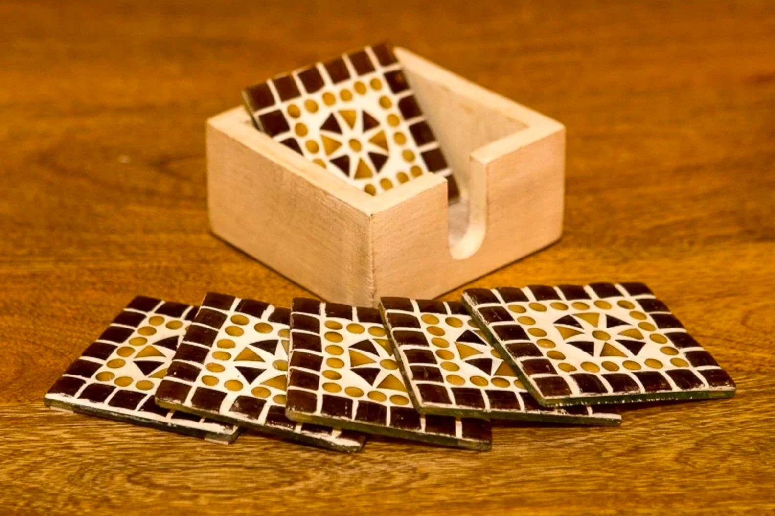 Mozaïek onderzetters Cantara bruin-beige in houten box by Orientaals