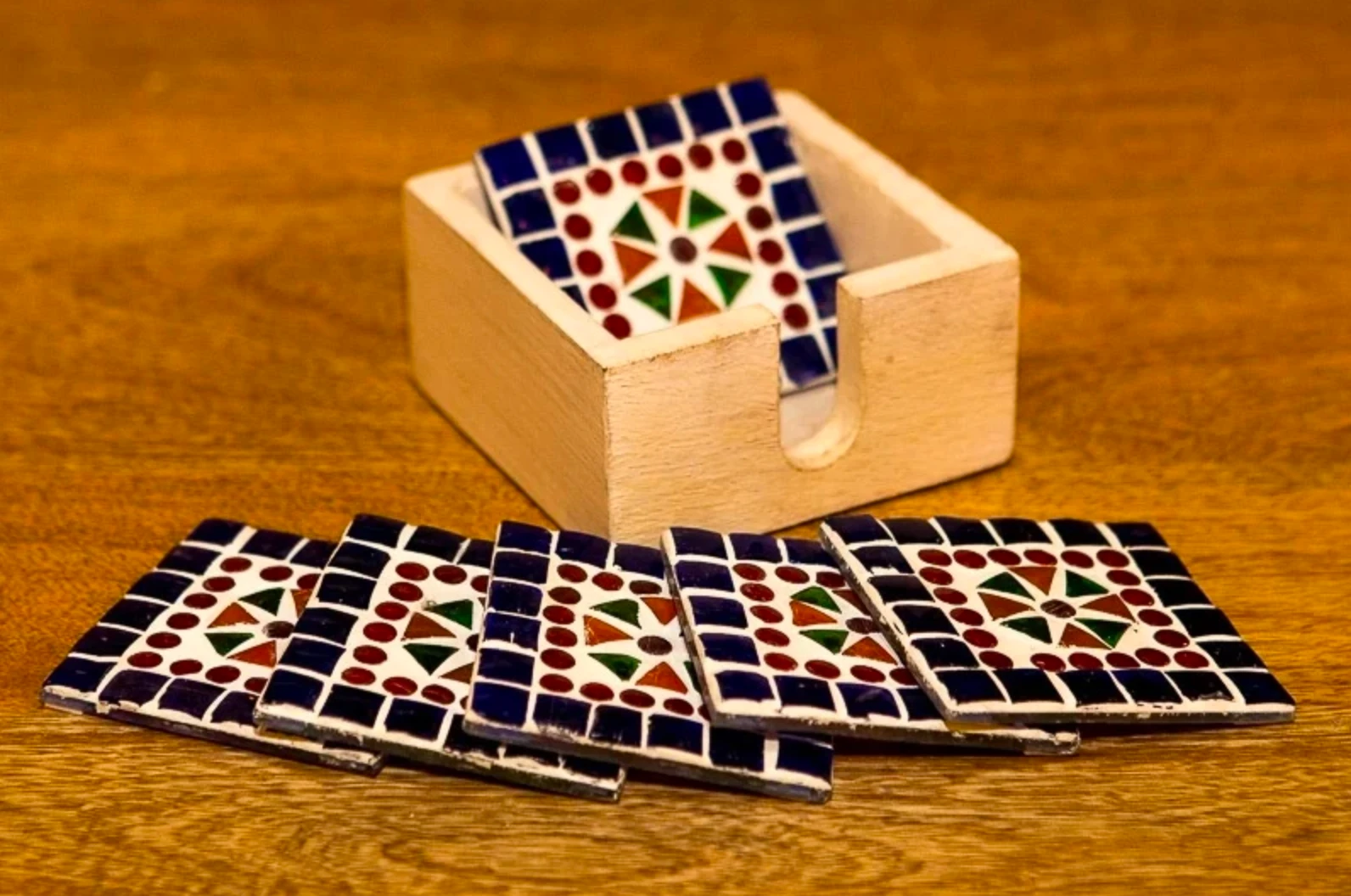 Mozaïek onderzetters Cantara multi-colour/blauw in houten box by Orientaals