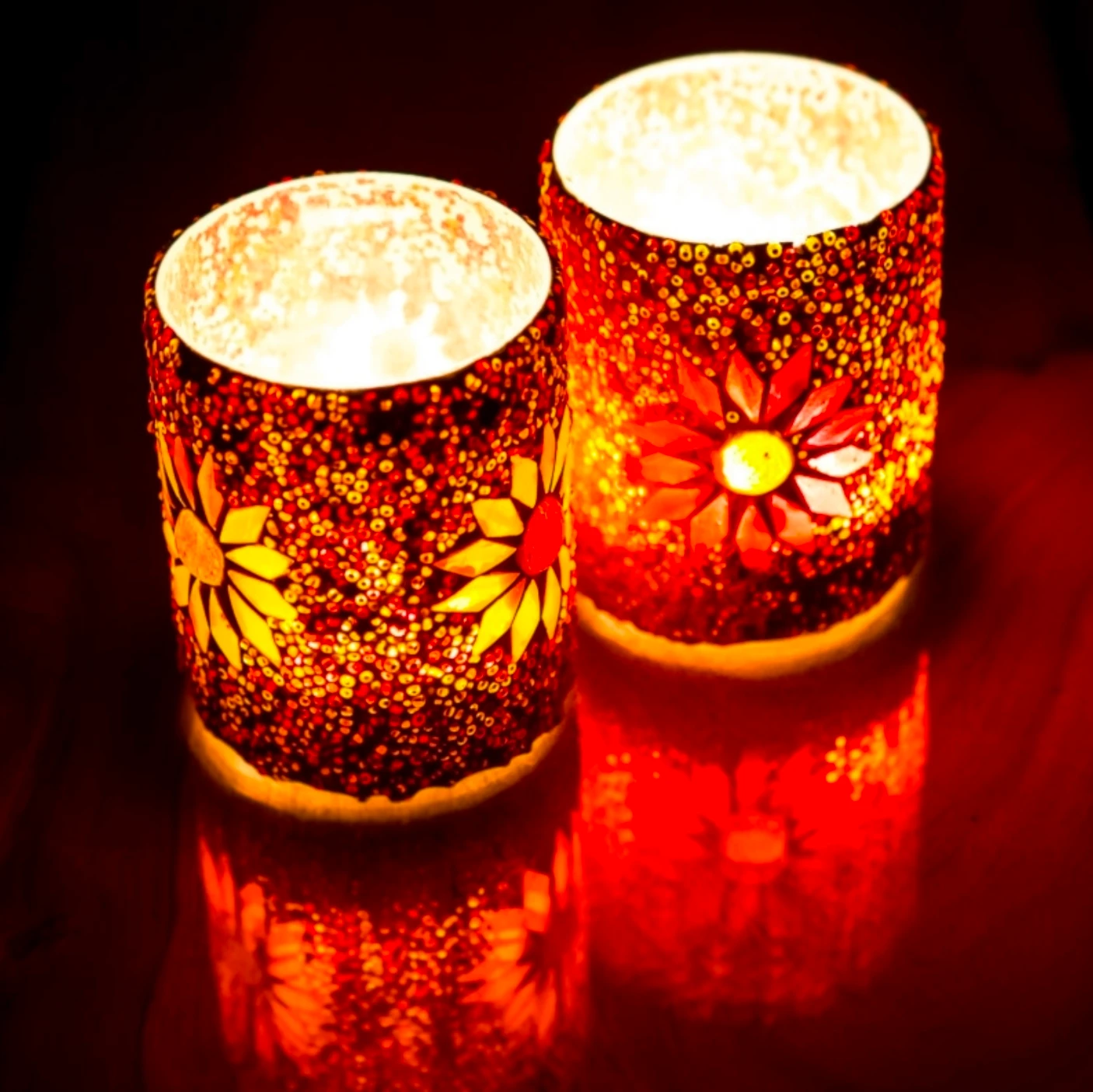 Waxinehouder mozaiek cilinder - Rima - rood/oranje by Orientaals