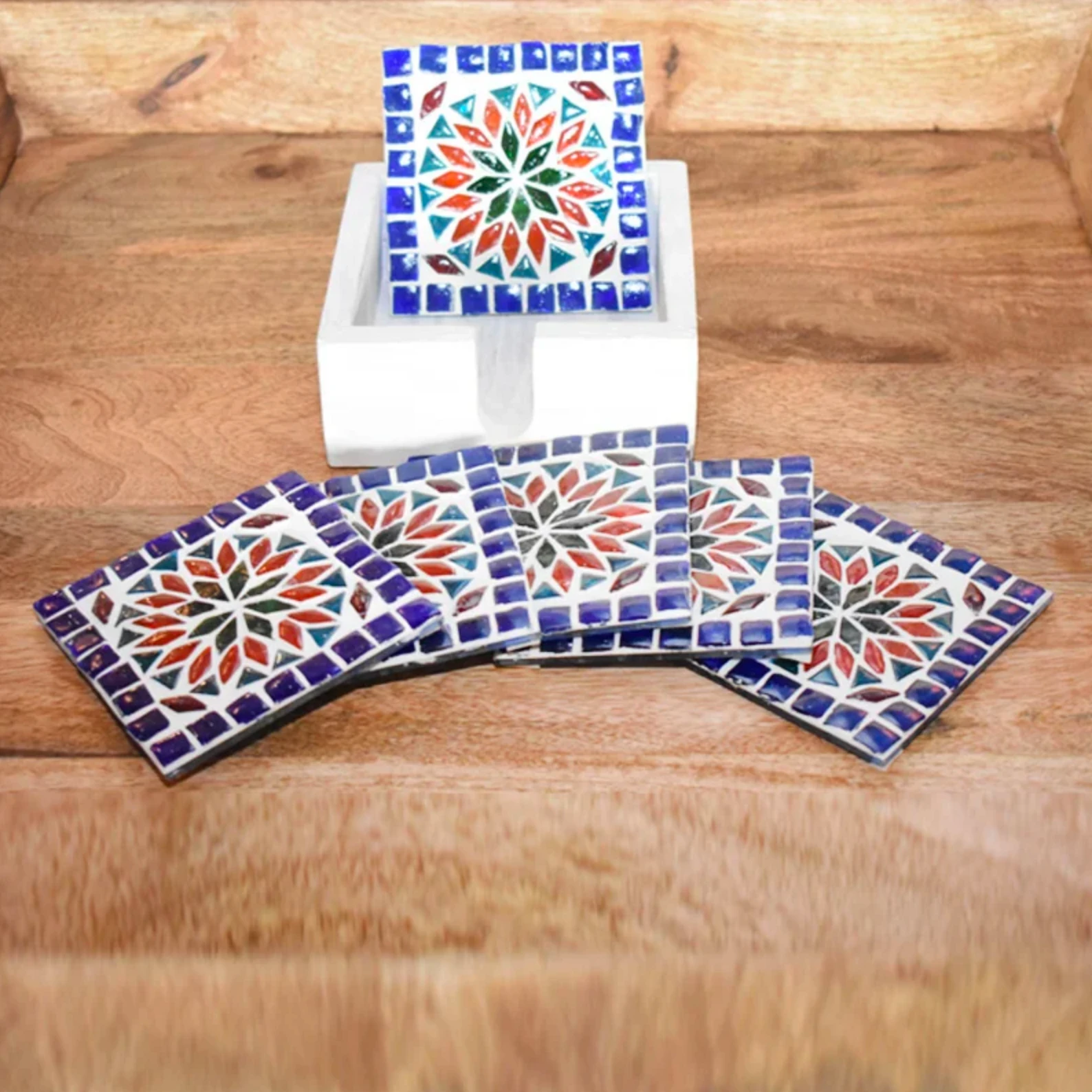 Mozaïek onderzetters Roya multi-colour in houten box by Orientaals