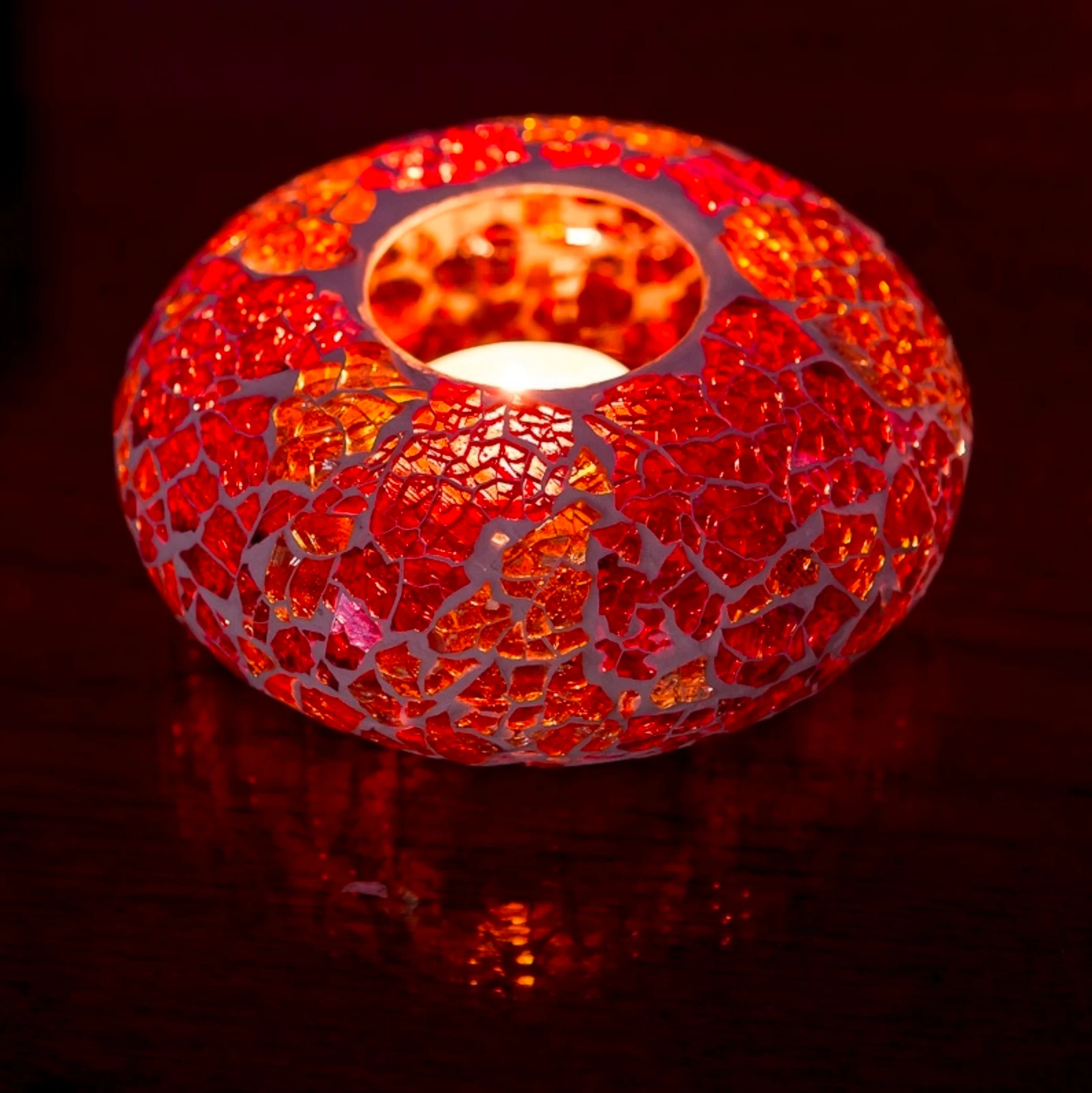 Waxinehouder mozaiek ufo - crackled glass - rood/oranje by Orientaals
