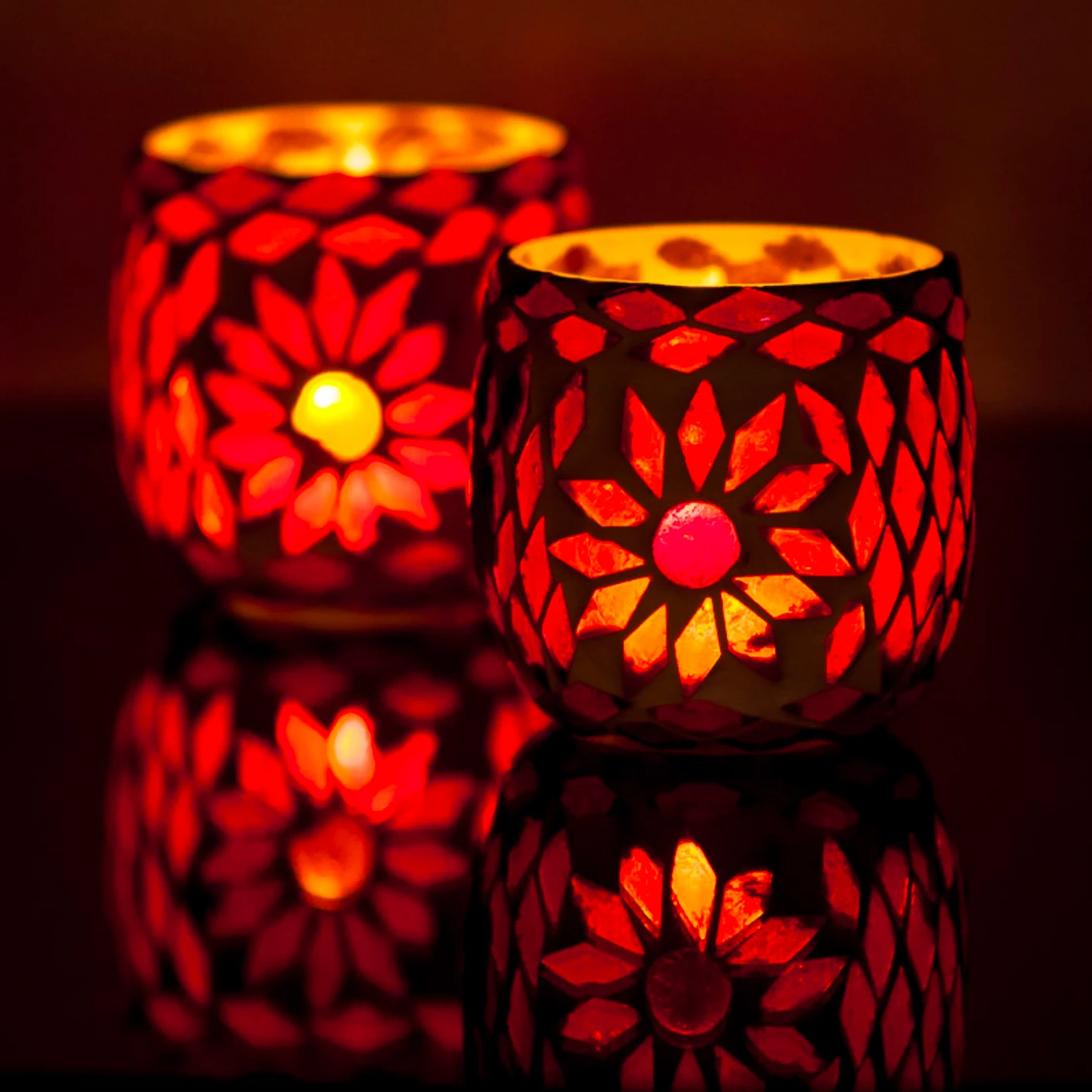 Waxinehouder mozaïek bol Roya rood-oranje in 2 maten by Orientaals