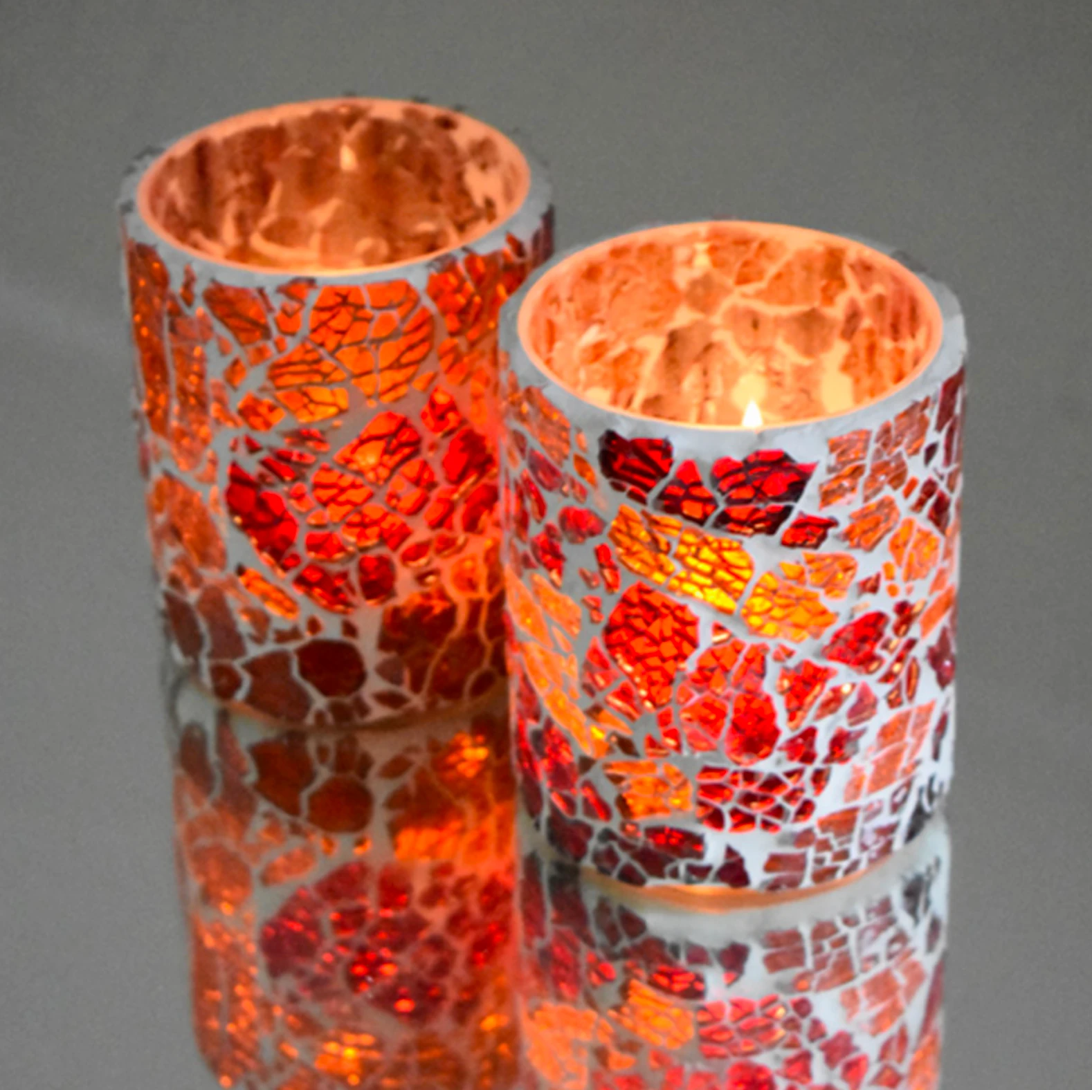 Waxinehouder mozaiek cilinder - Crackled glass - rood/oranje by Orientaals