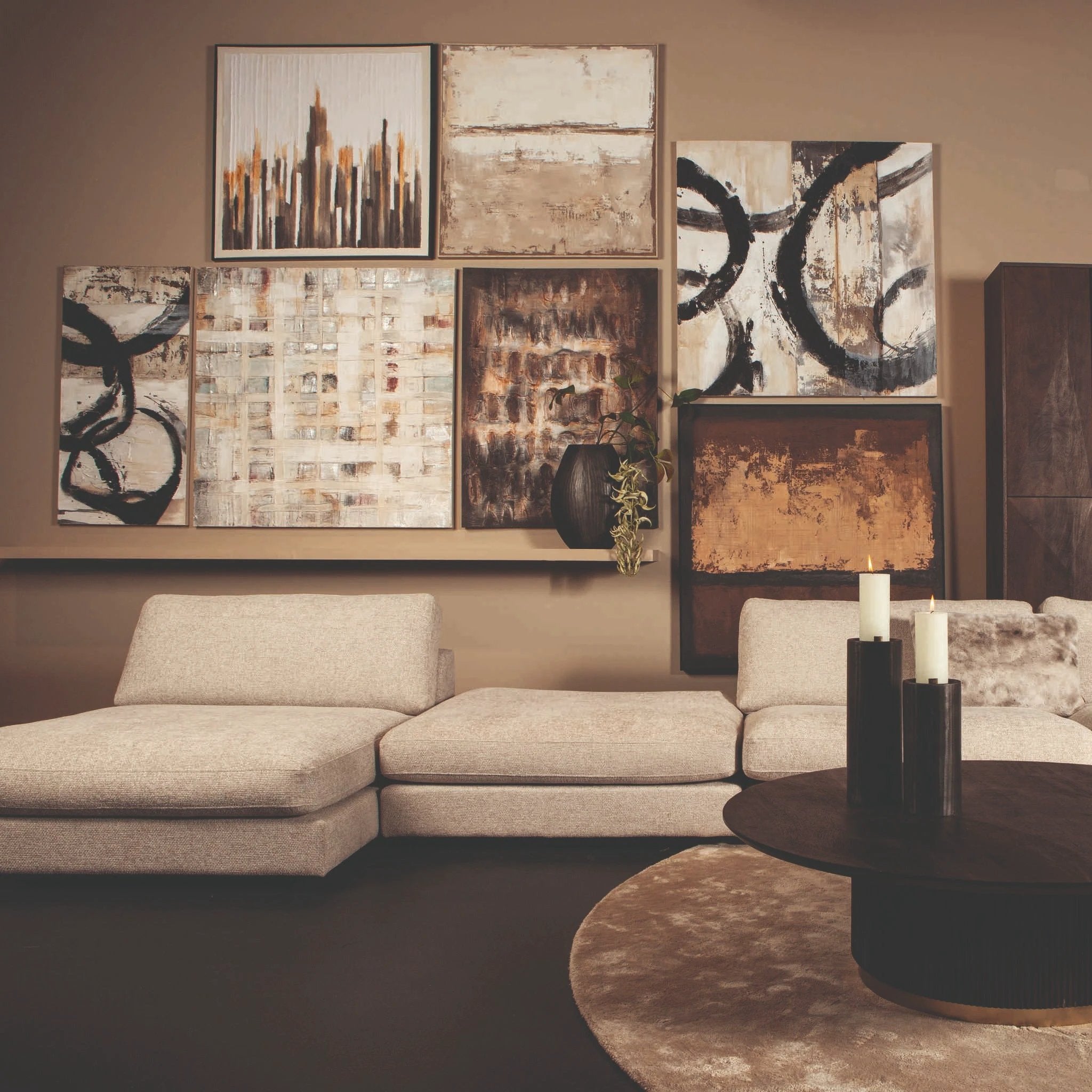 PTMD Gustas ingelijst wandpaneel met vierkante poly-strips, modern decoratief muurkunstwerk voor interieur.