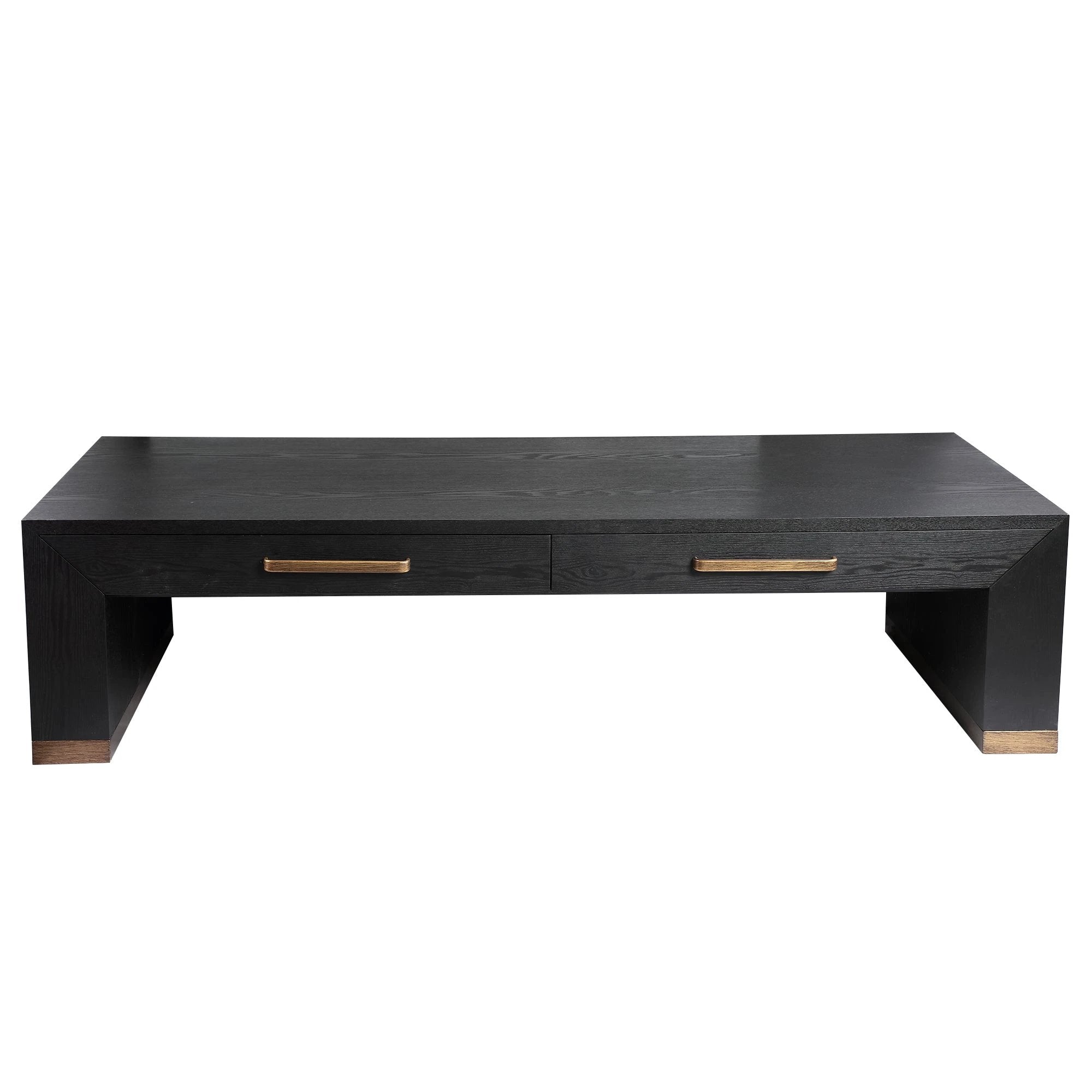 Zwarte houtfineer salontafel met twee laden van PTMD, modern ontwerp, zichtbaar met gladde afwerking en houten textuur.